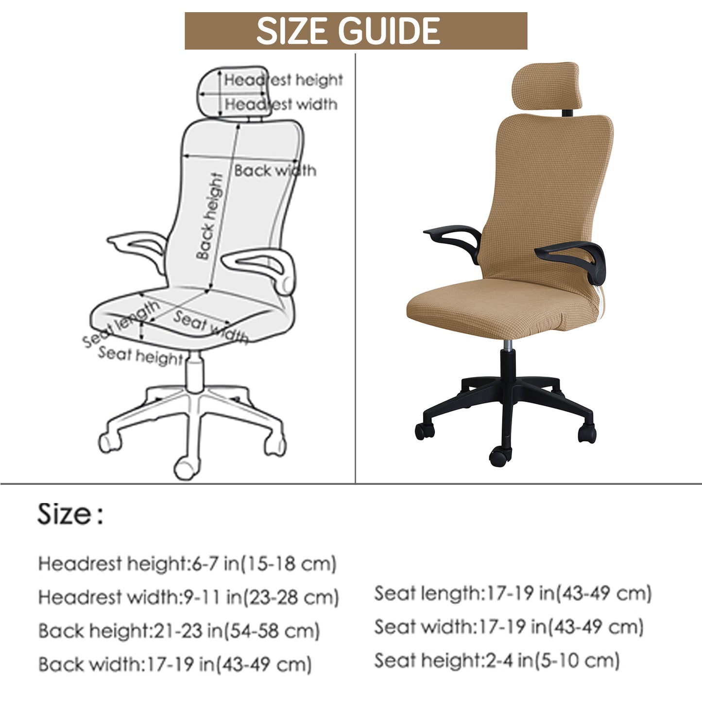 Water Repellent Office Chair Cover with Headrest (High-Back) – 210 GSM Stretch Jacquard – Washable, Anti-Slip Fit for Ergonomic Mesh Office Chairs, Light Brown