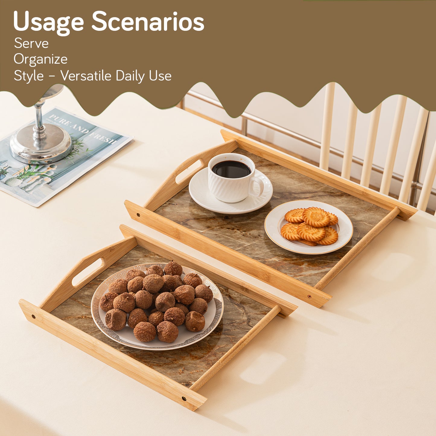 Bamboo Set of 2 Serving Trays with Handles – elegant faux marble base, Brown