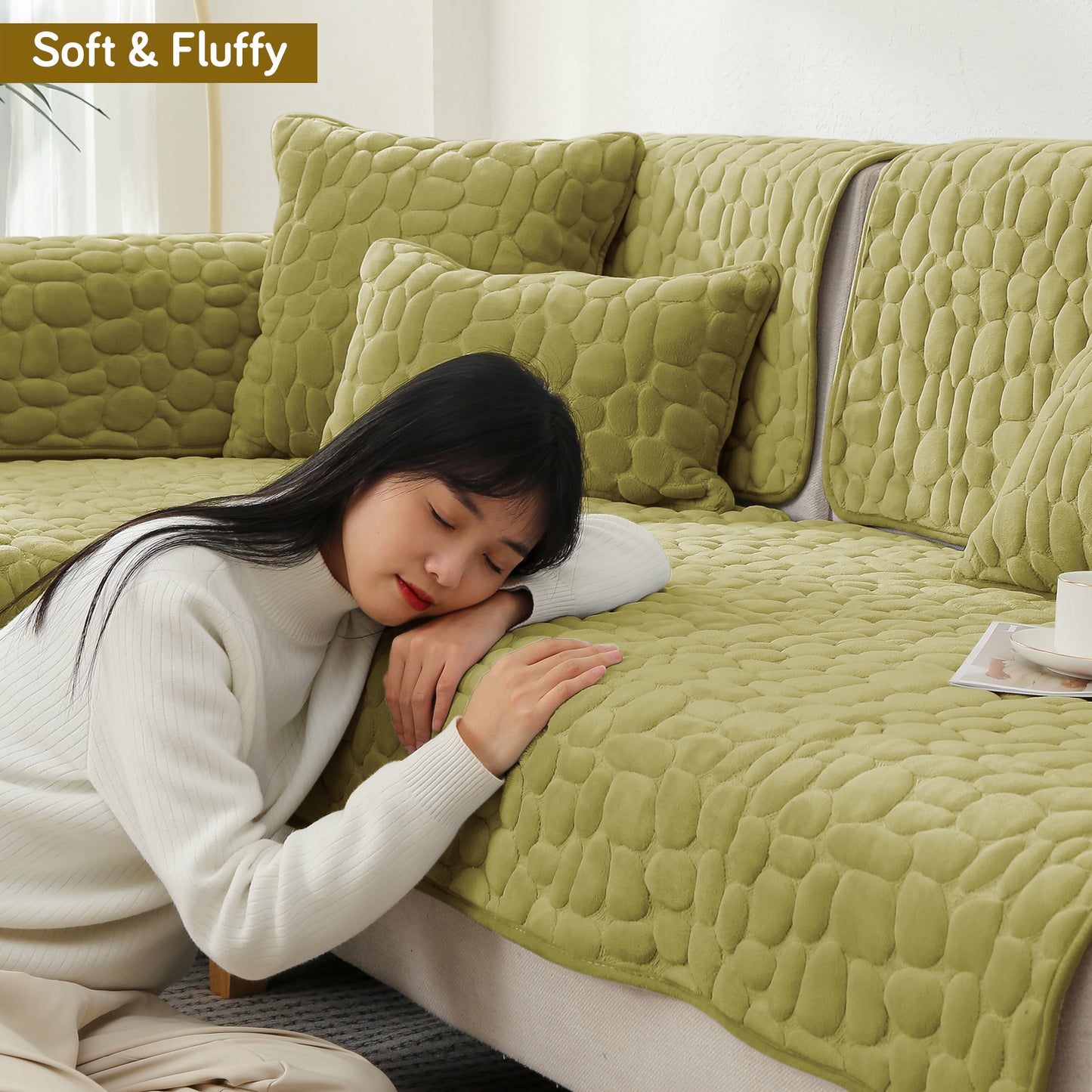 Premium Pebble Milk Velvet Anti Slip Sofa Mat for 1/2/3 Seater, Pristine Green
