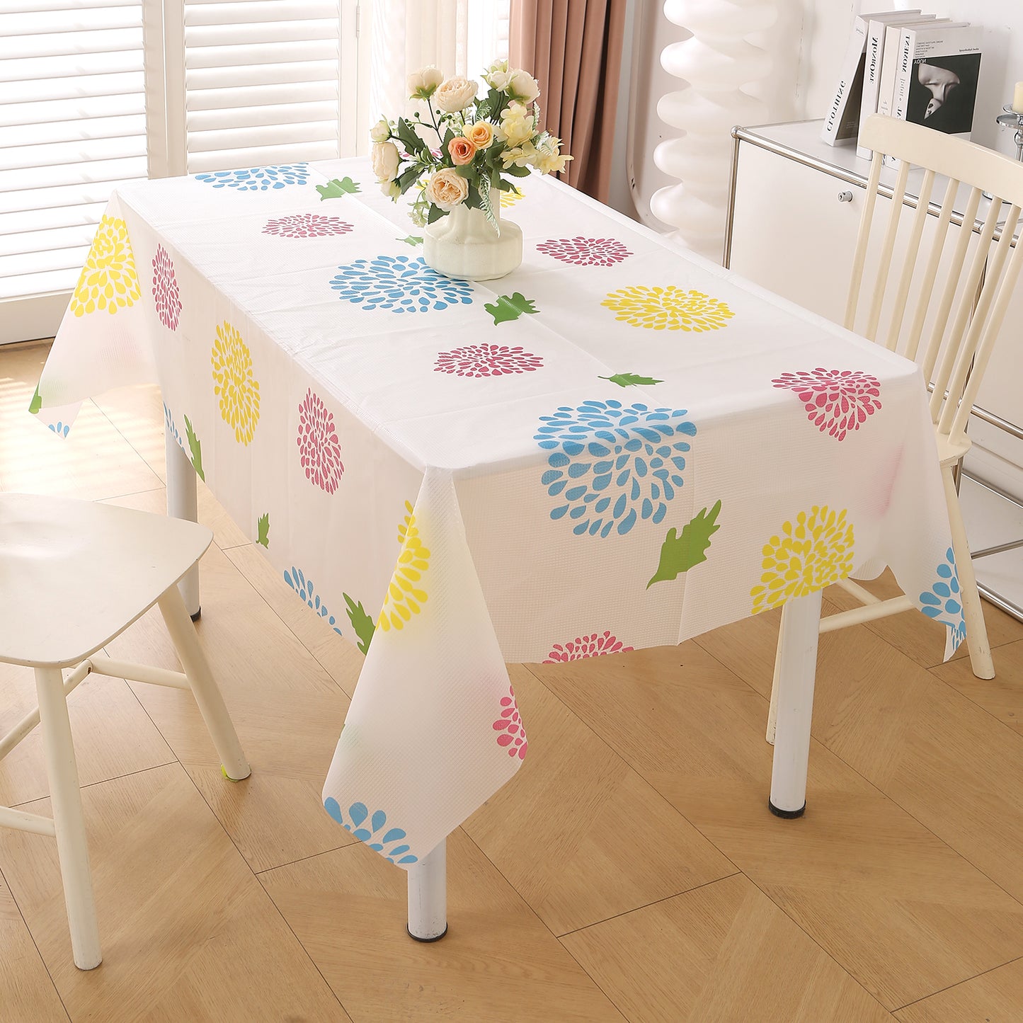 PEVA Waterproof Table Cover Cloth for 2/4/6 Seaters Dining Table | Dustproof Table Cloth for Study & Coffee Table, Multicolor Chrysanthemum