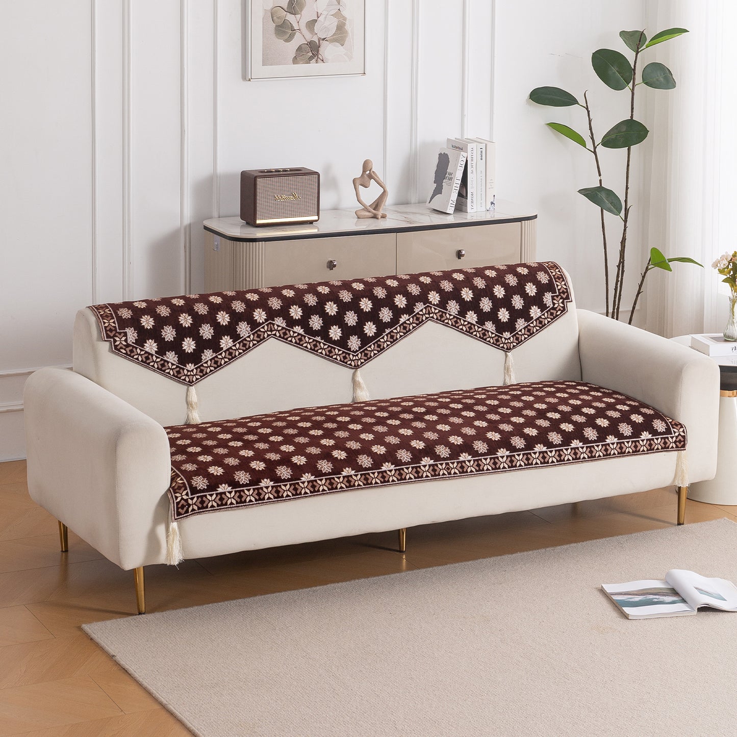 Heritage Weave Premium Jacquard Sofa Cover Set with Tassels - Coffee Brown
