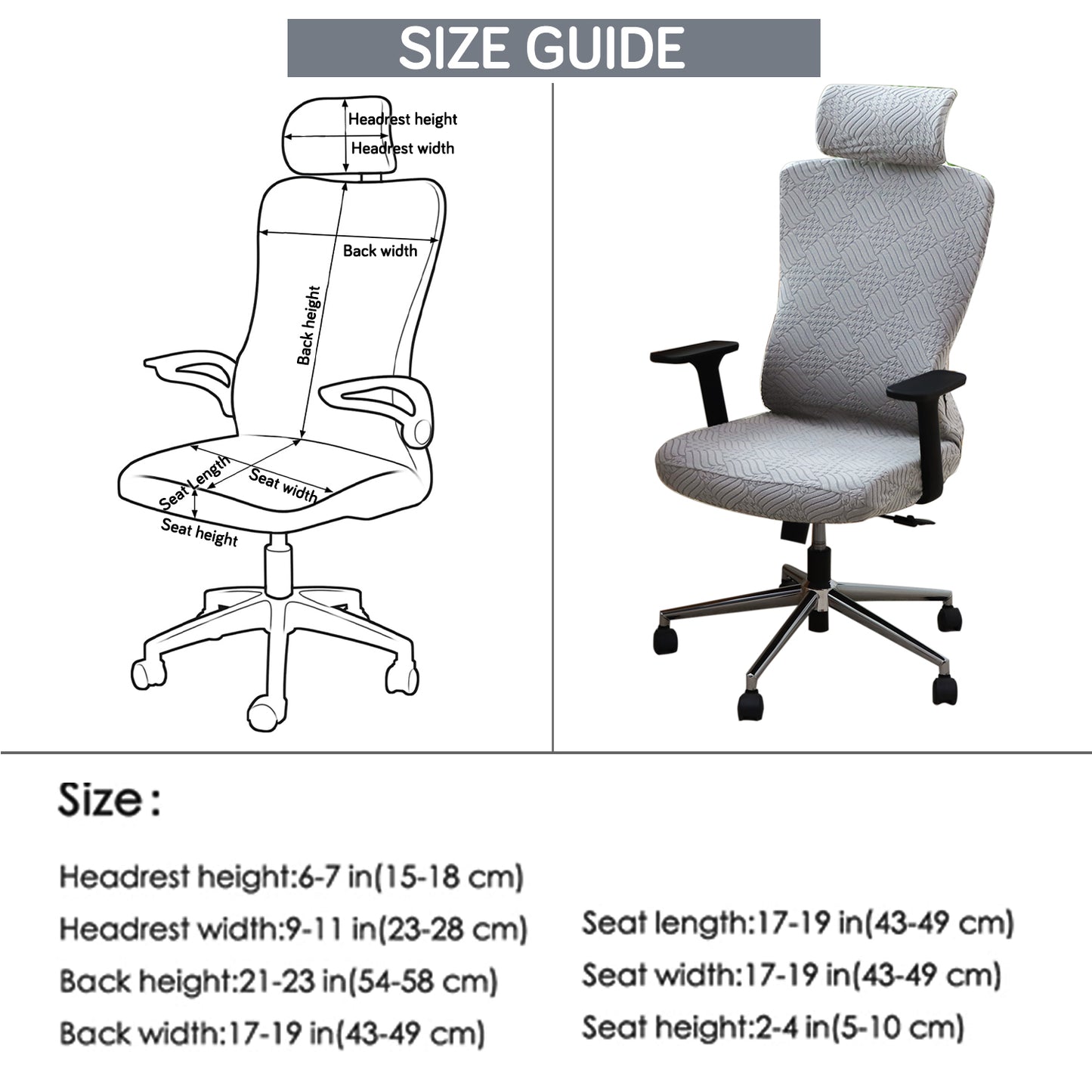 Office Chair Cover with Headrest (High-Back) – 170 GSM Stretch Jacquard – Washable, Anti-Slip Fit for Ergonomic Mesh Office Chairs, Light Grey