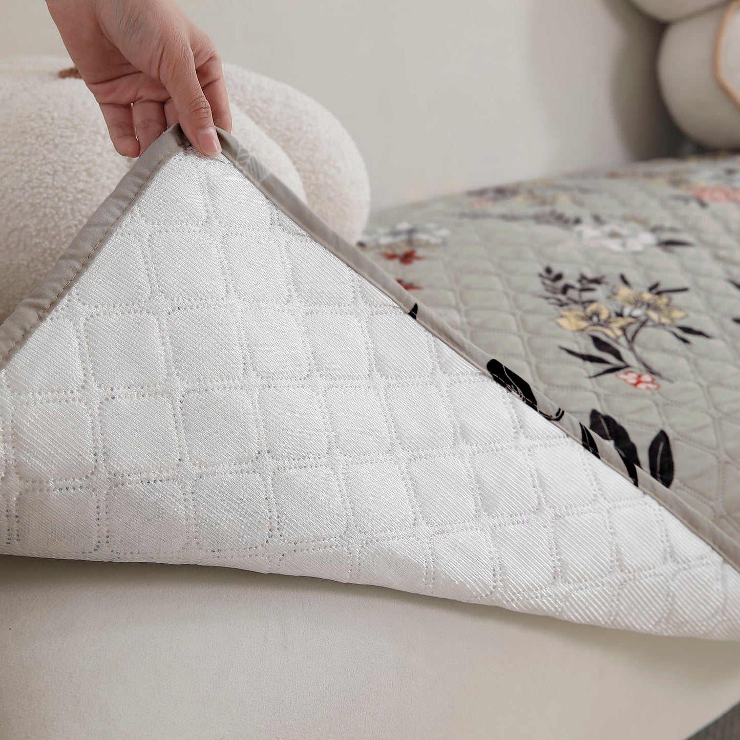 Polyester Printed Quilted Sofa Cover Mats, Floral Ash Grey