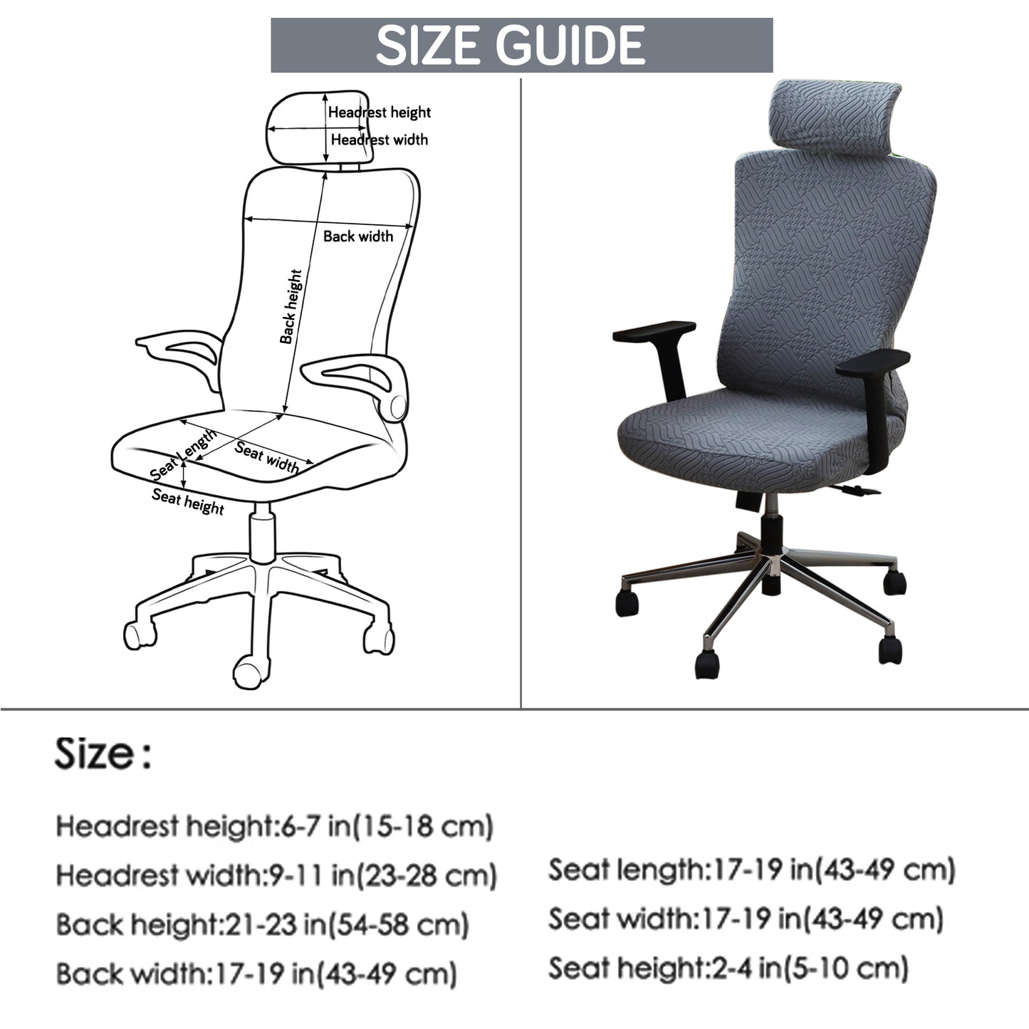 Office Chair Cover with Headrest (High-Back) – 170 GSM Stretch Jacquard – Washable, Anti-Slip Fit for Ergonomic Mesh Office Chairs, Dark Grey