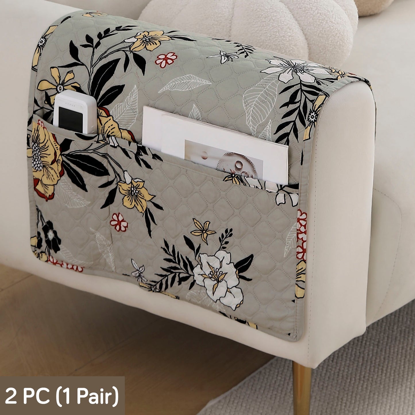 Polyester 2 Pcs Printed Quilted Sofa Armrest Cover, Floral Ash Grey