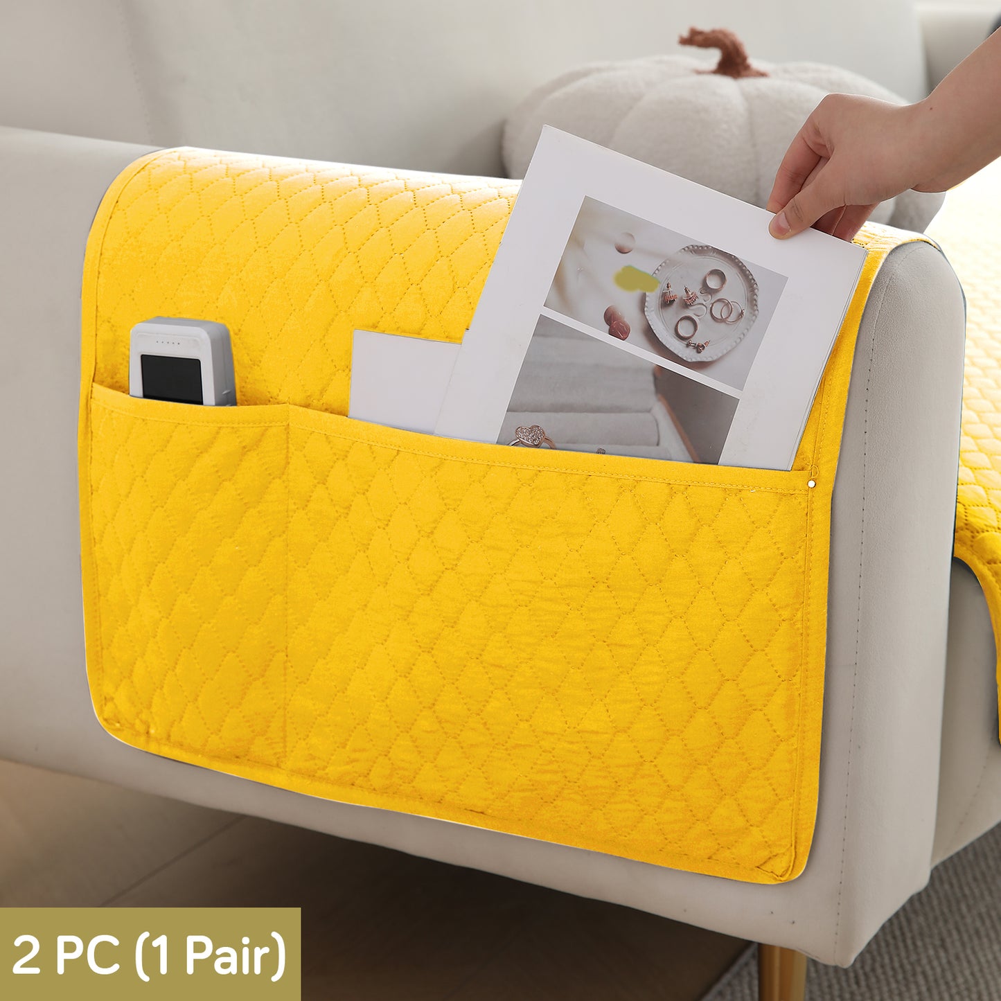 2 Pcs Quilted Sofa Armrest Cover, Yellow