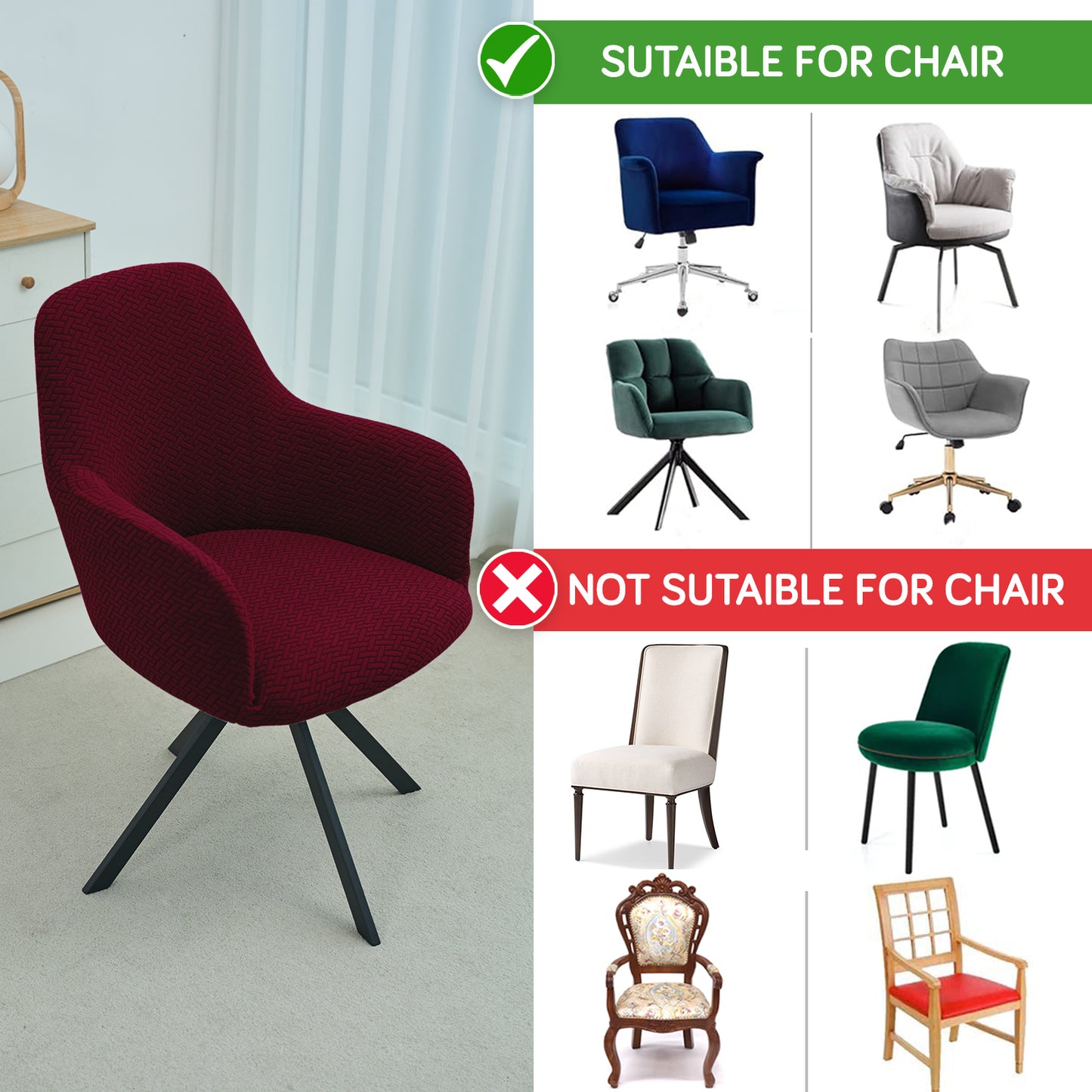 Premium Jacquard Fully Covered Cover for Swivel Dining Chair with Arms, Burgundy