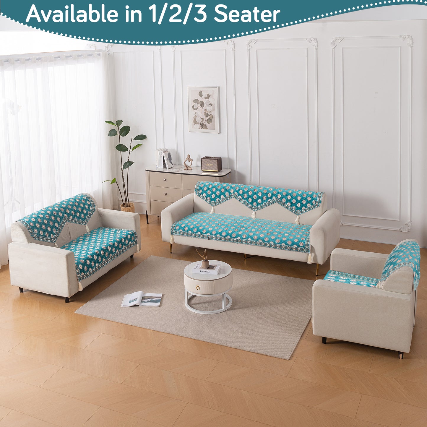 Heritage Weave Premium Jacquard Sofa Cover Set with Tassels - Emerald Teal