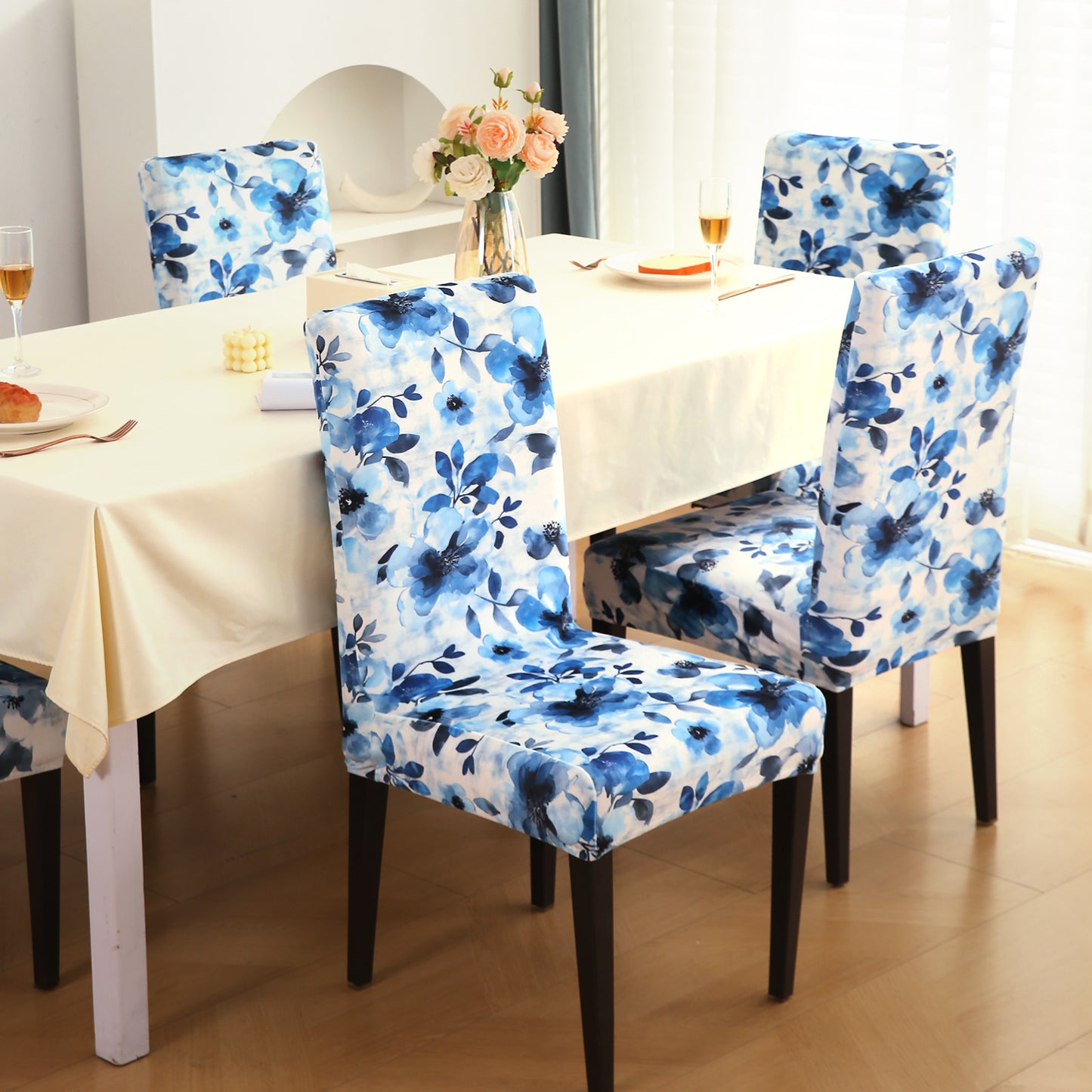 Premium Printed Velvet Dining Chair Cover Set, Blue Azure Botanical