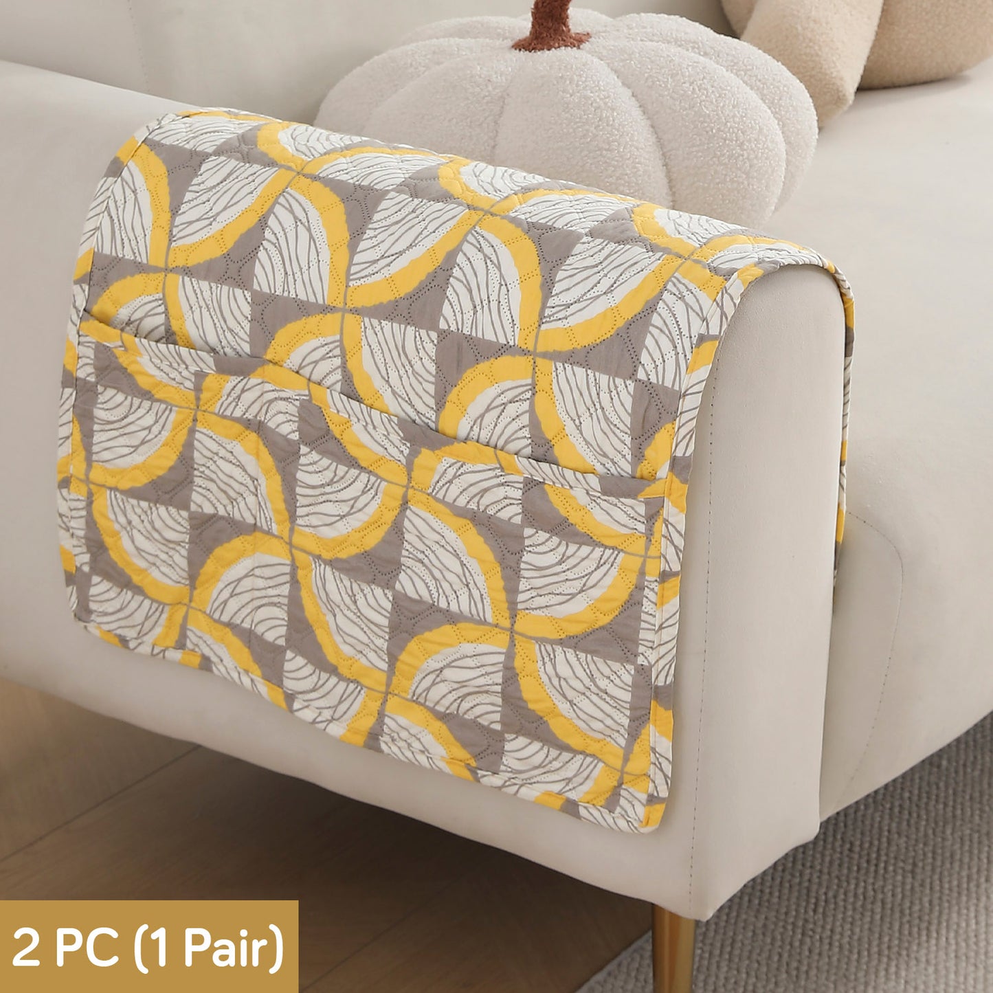 Polyester 2 Pcs Printed Quilted Sofa Armrest Cover, Windmill Cyber Yellow