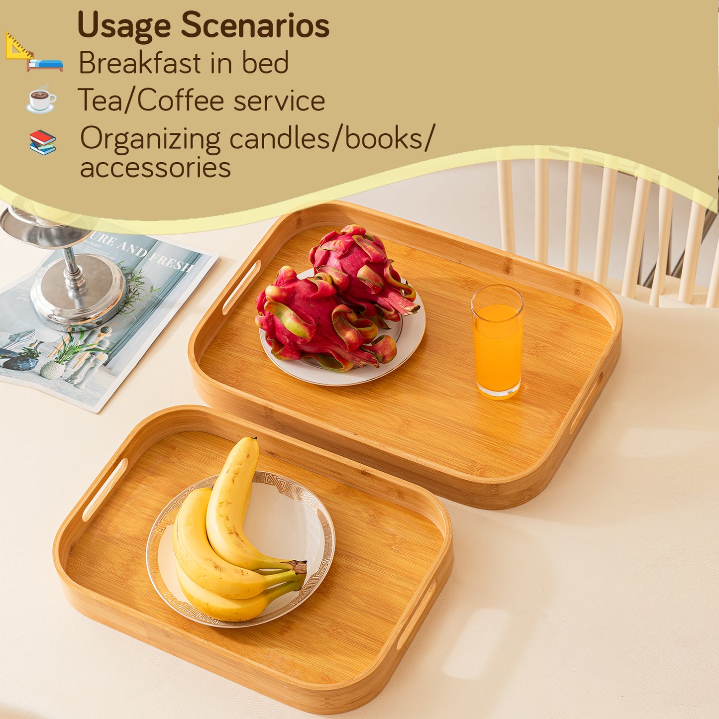 Natural Bamboo Serving Tray Set of 2/3 – Multipurpose Kitchen Tray with Handles
