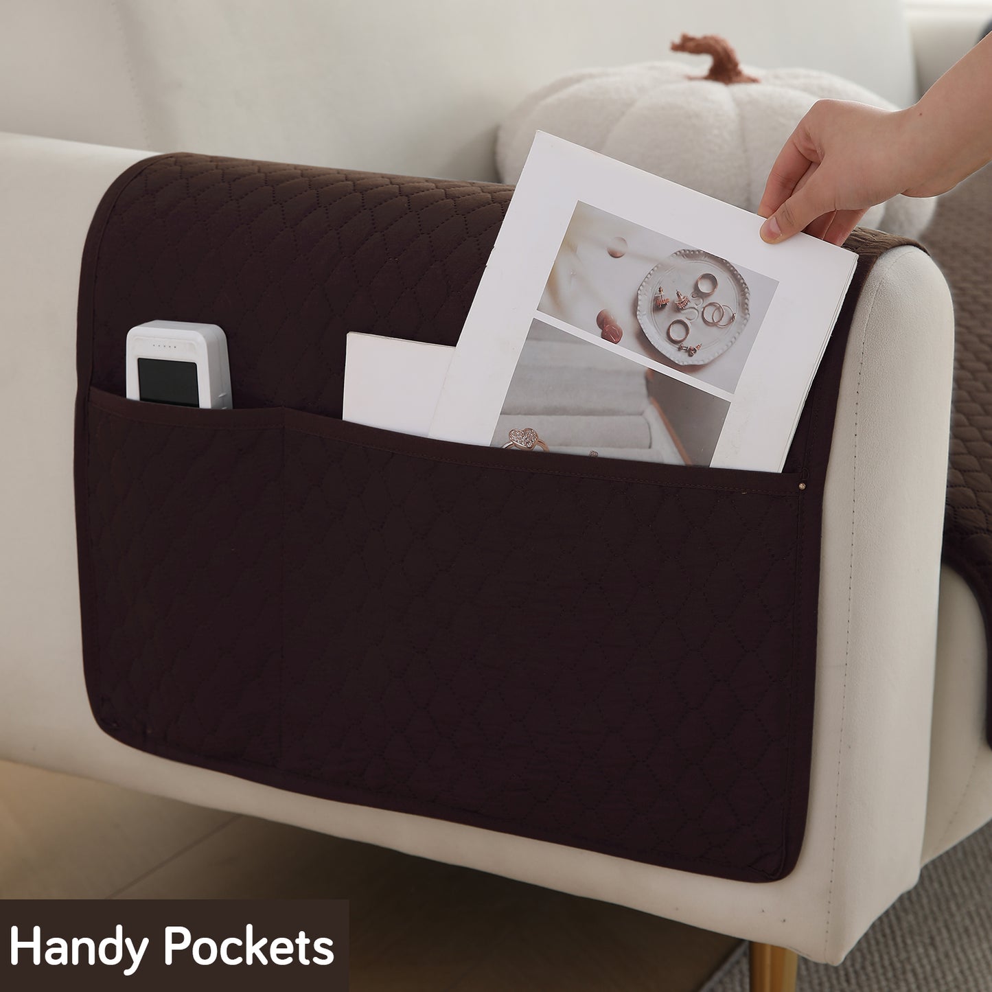 Quilted Sofa Cover Set with Seat Mat and Armrest Covers with Pockets, Dark Brown