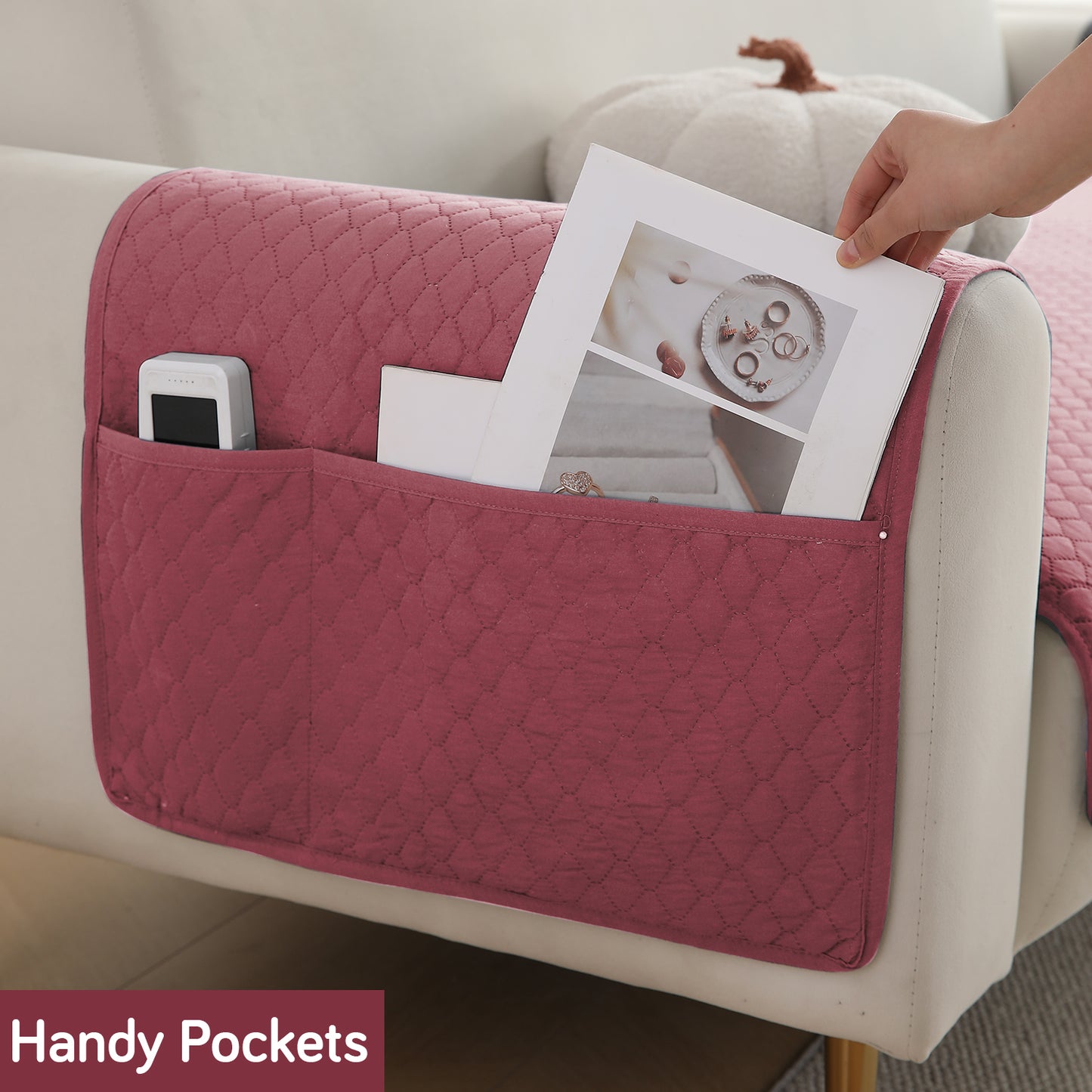 Quilted Sofa Cover Set with Seat Mat and Armrest Covers with Pockets, Mauve Pink