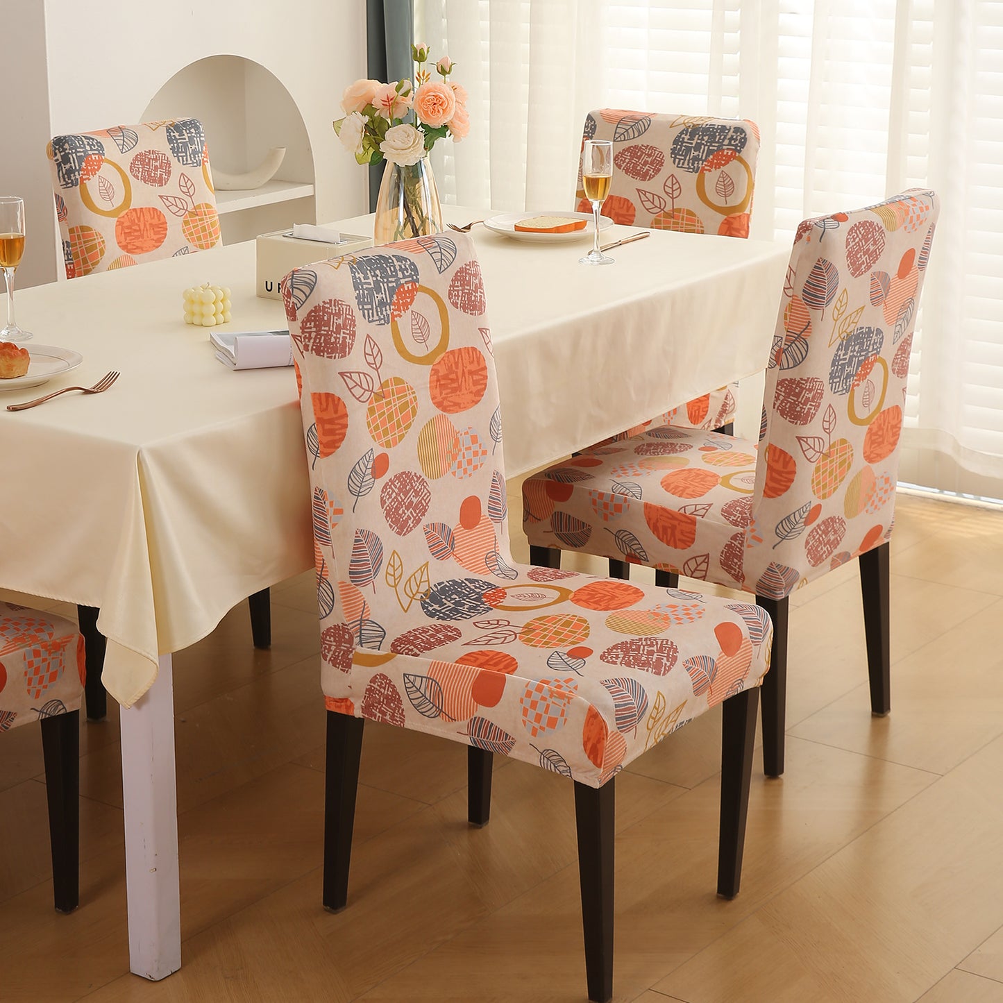 Premium Printed Velvet Dining Chair Cover Set, Coral Autumn Leaves