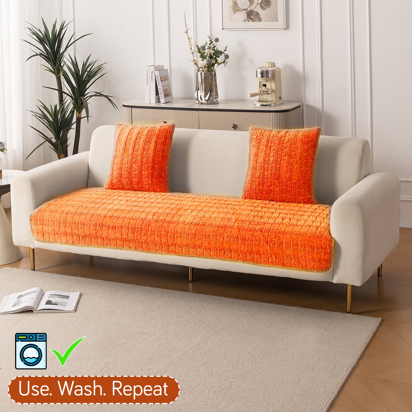 Premium Plush Anti Slip Sofa Mat for 1/2/3 Seater, Orange