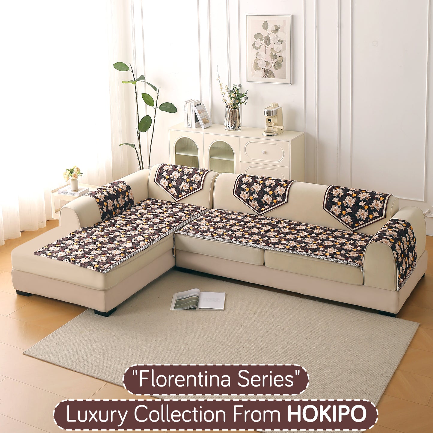 Florentina Series Quilted Holland Velvet L Shape Sofa Seat Mat - Camellia Brown