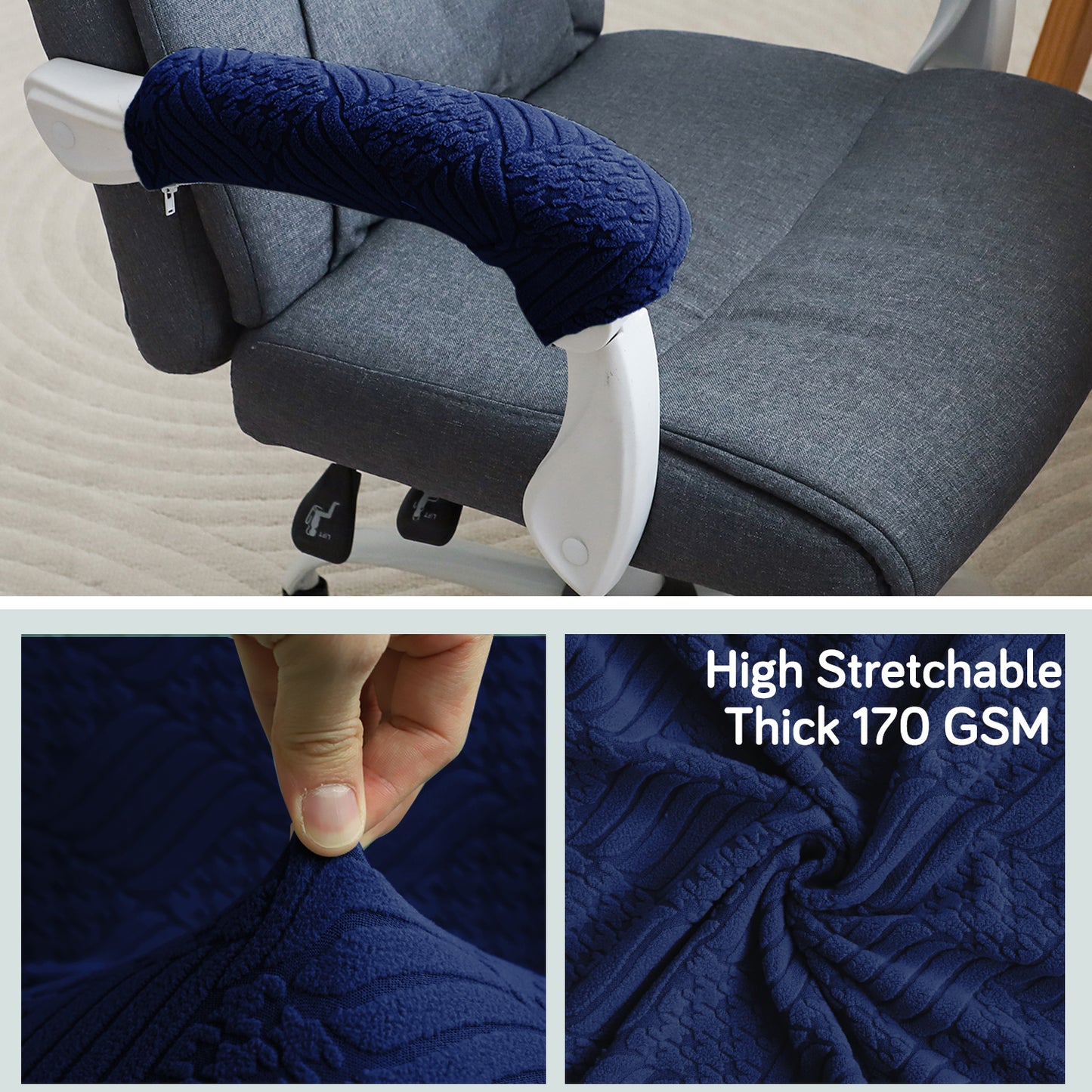 170gsm Jacquard Armrest Covers for Office Chair (Zipper Style), 1 Pair, Navy Blue