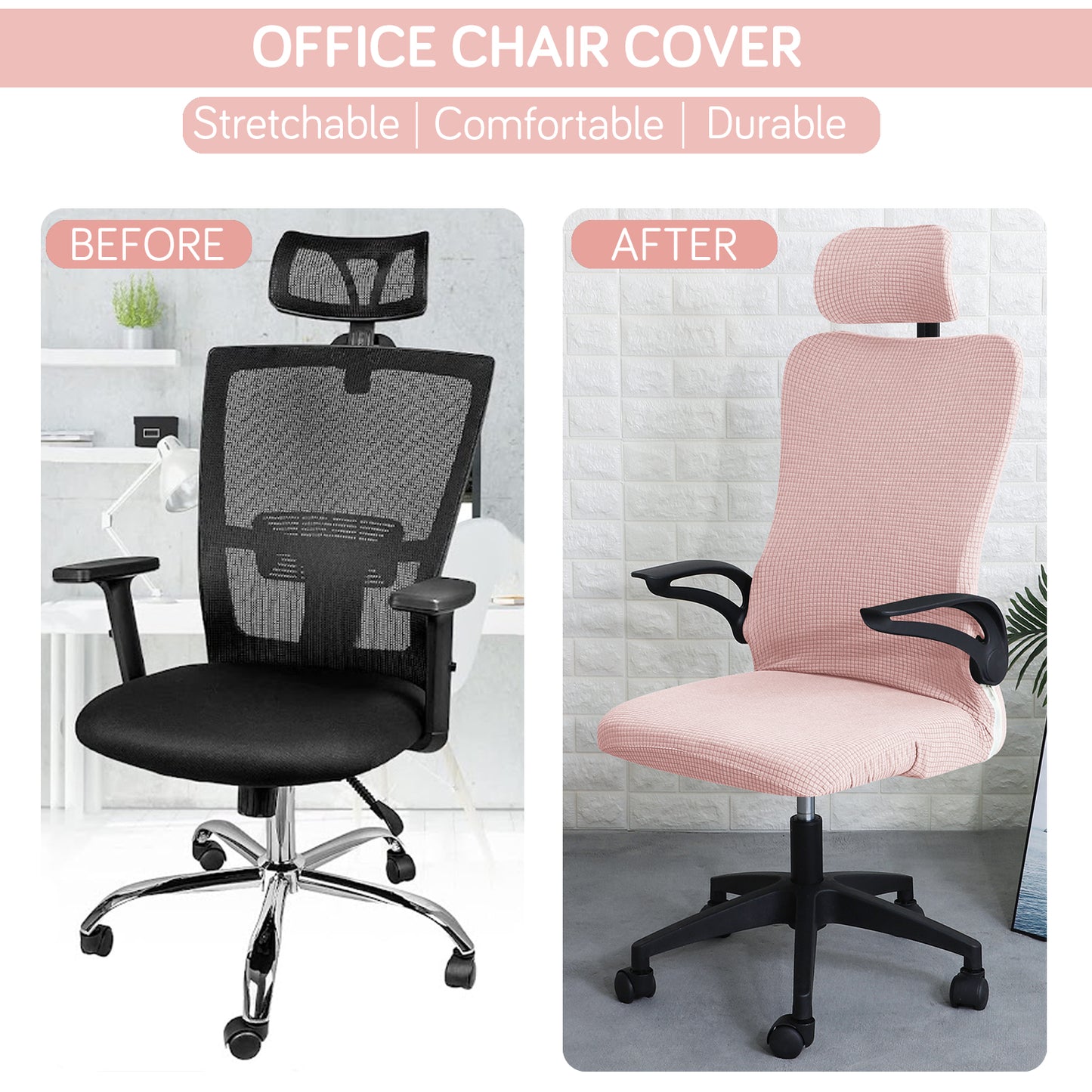 Water Repellent Office Chair Cover with Headrest (High-Back) – 210 GSM Stretch Jacquard – Washable, Anti-Slip Fit for Ergonomic Mesh Office Chairs, Pink