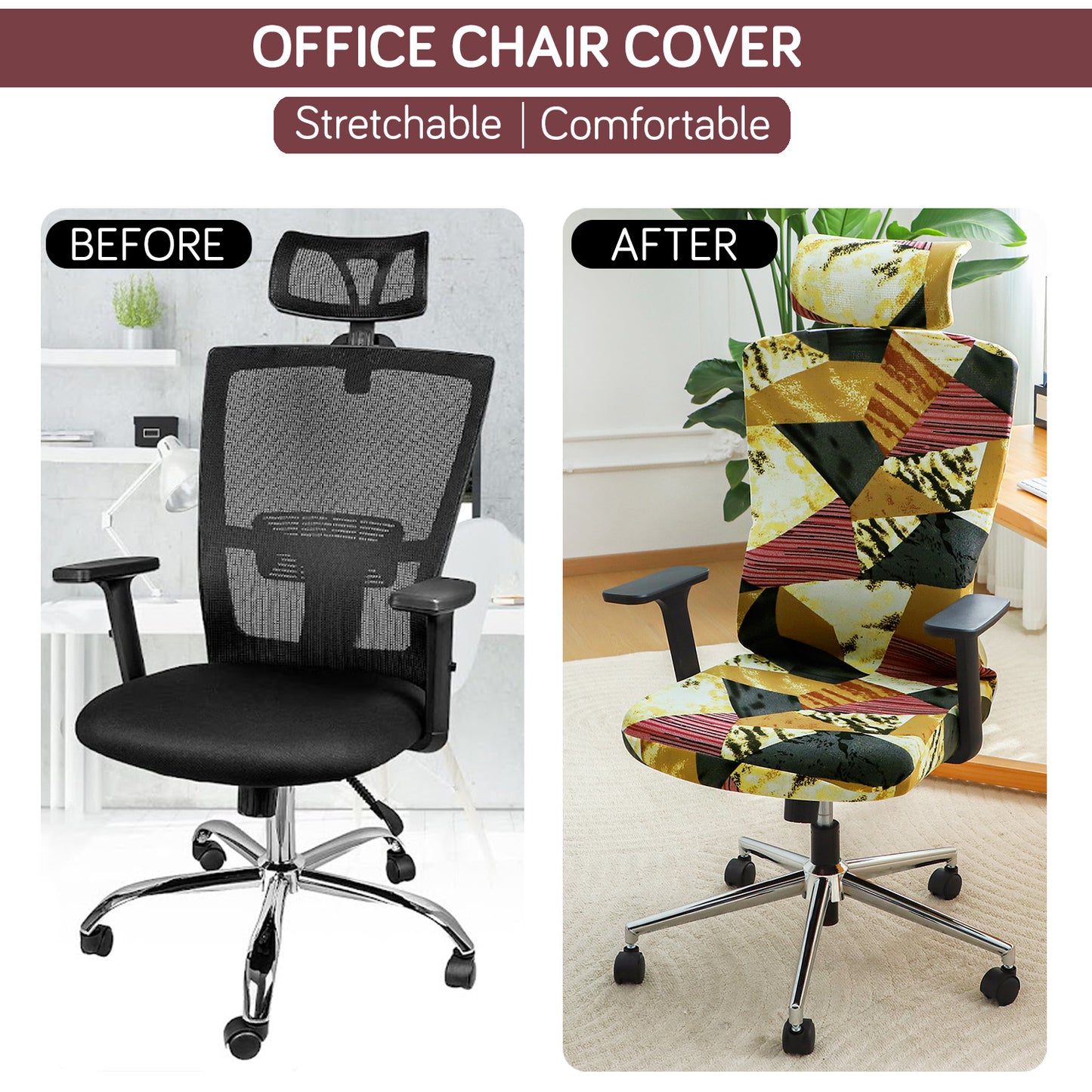 Printed Office Chair Cover with Headrest (High-Back) – 140 GSM Stretch Fabric – Washable, Anti-Slip Fit for Ergonomic Mesh Office Chairs, Wine Abstract Geometry