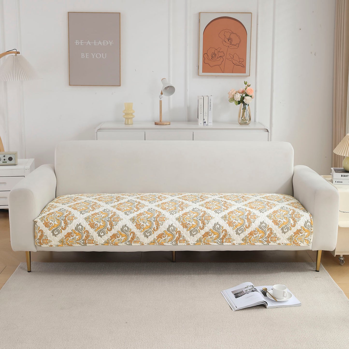 Polyester Printed Quilted Sofa Cover Mats, Damask Beige