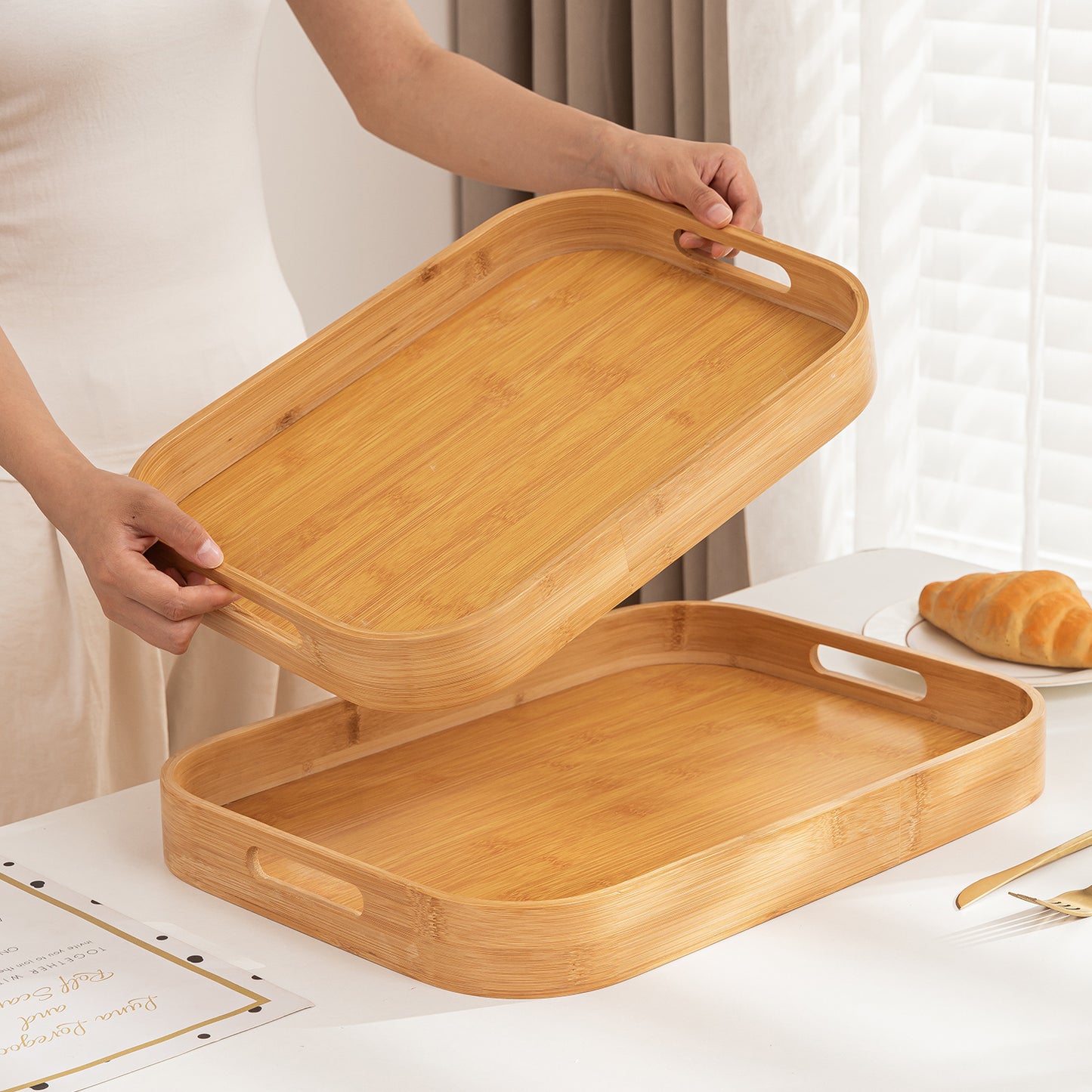 Natural Bamboo Serving Tray Set of 2/3 – Multipurpose Kitchen Tray with Handles