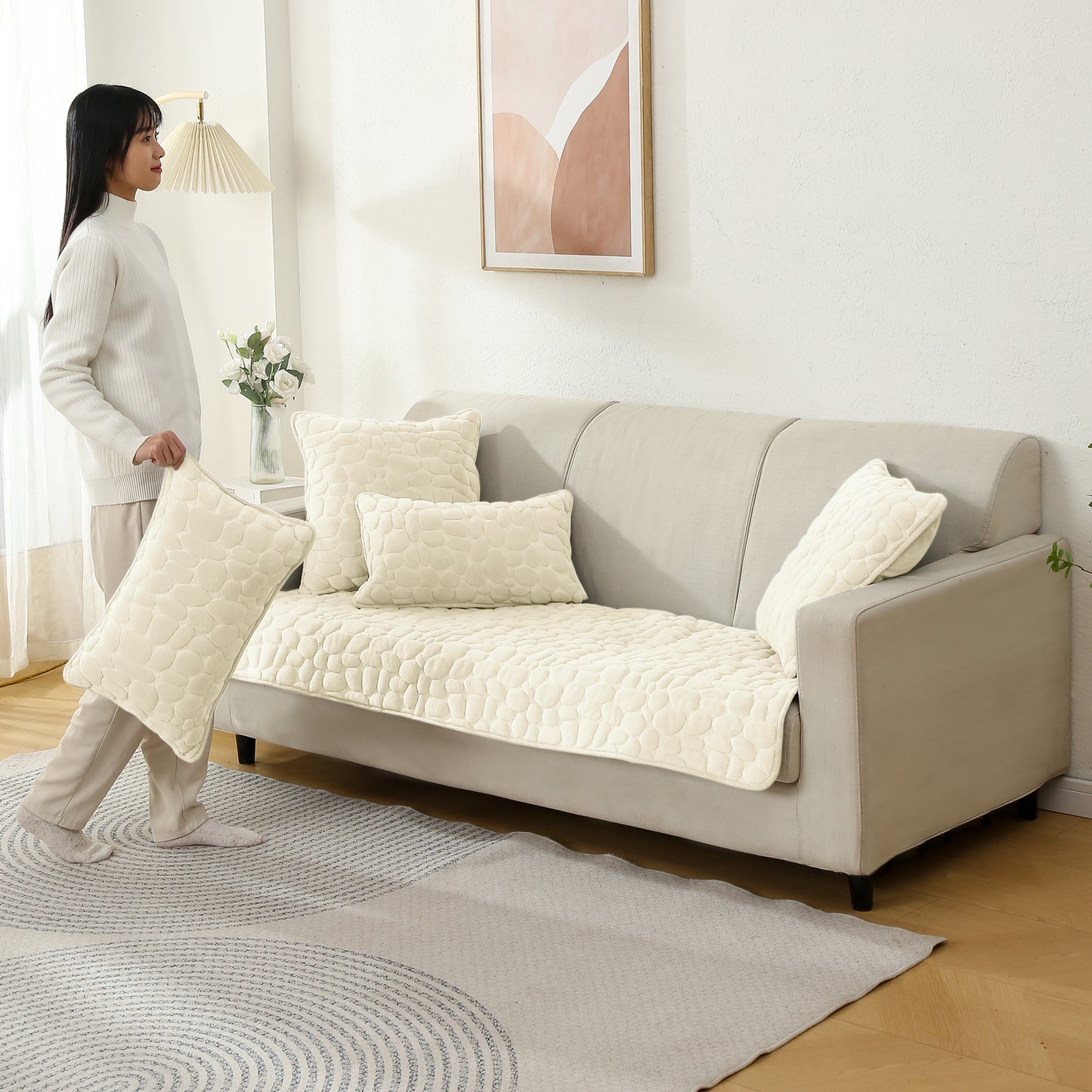 Premium Pebble Milk Velvet Anti Slip Sofa Mats, Bliss White