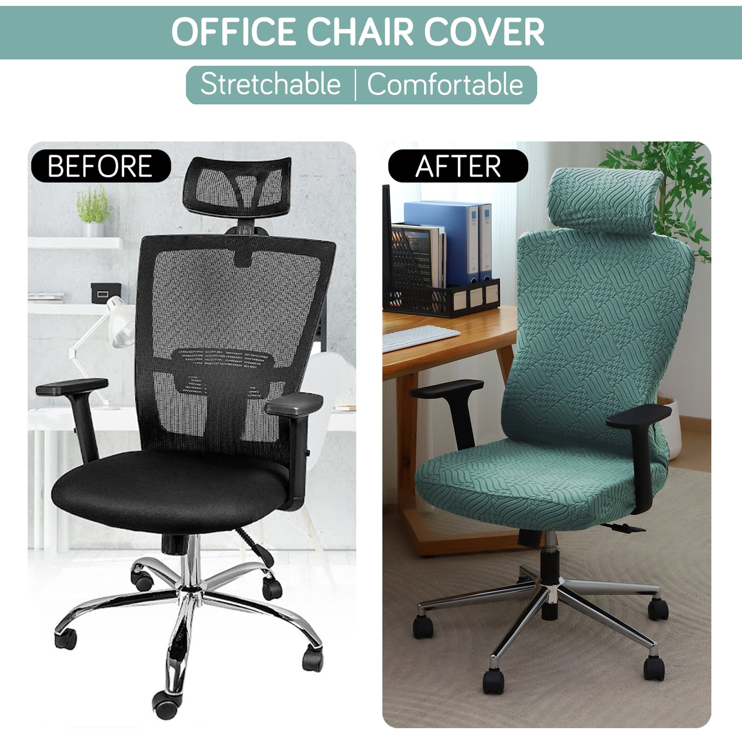 Office Chair Cover with Headrest (High-Back) – 170 GSM Stretch Jacquard – Washable, Anti-Slip Fit for Ergonomic Mesh Office Chairs, Green