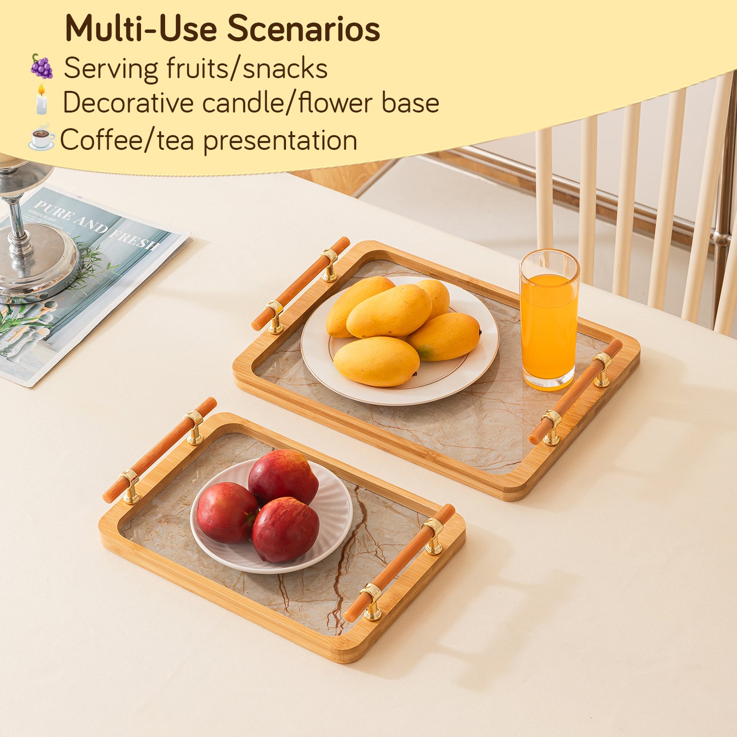 Luxury Bamboo Serving Tray Set with Faux Marble Base with Golden Handles