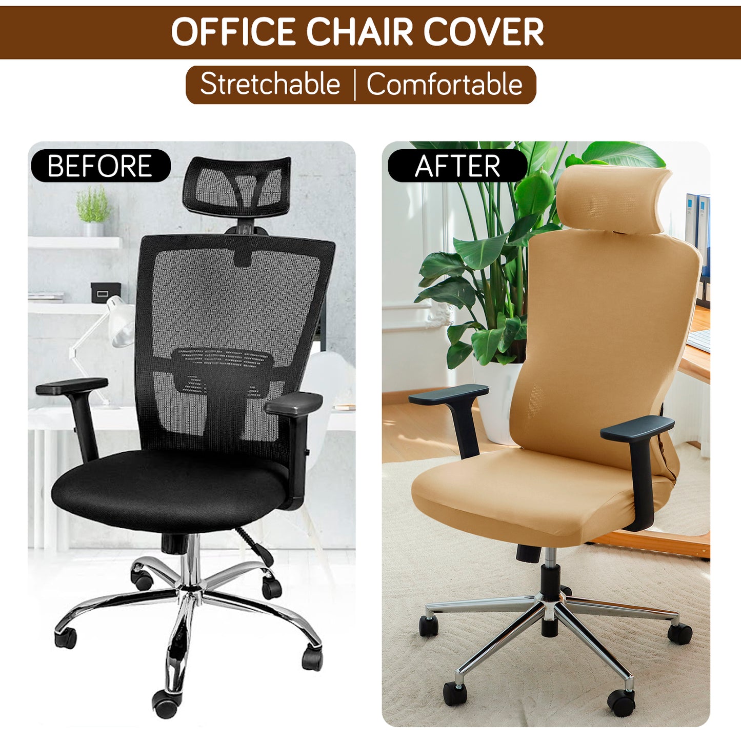 Office Chair Cover with Headrest (High-Back) – 140 GSM Stretch Fabric – Washable, Anti-Slip Fit for Ergonomic Mesh Office Chairs, Camel