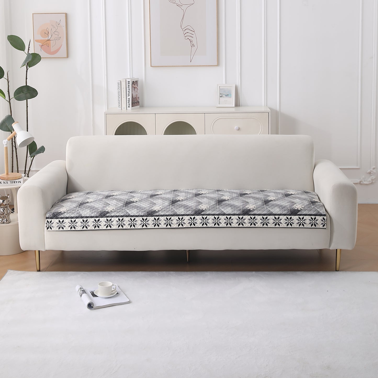 LiefNest Holland Velvet Sofa Cover Mat with Foam Filling - Snowflakes Gradient Grey