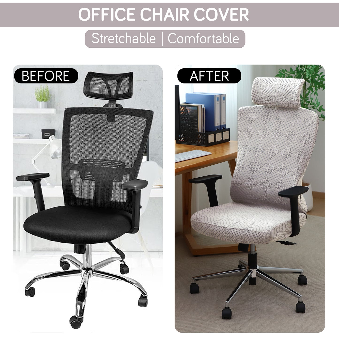 Office Chair Cover with Headrest (High-Back) – 170 GSM Stretch Jacquard – Washable, Anti-Slip Fit for Ergonomic Mesh Office Chairs, Taupe Brown