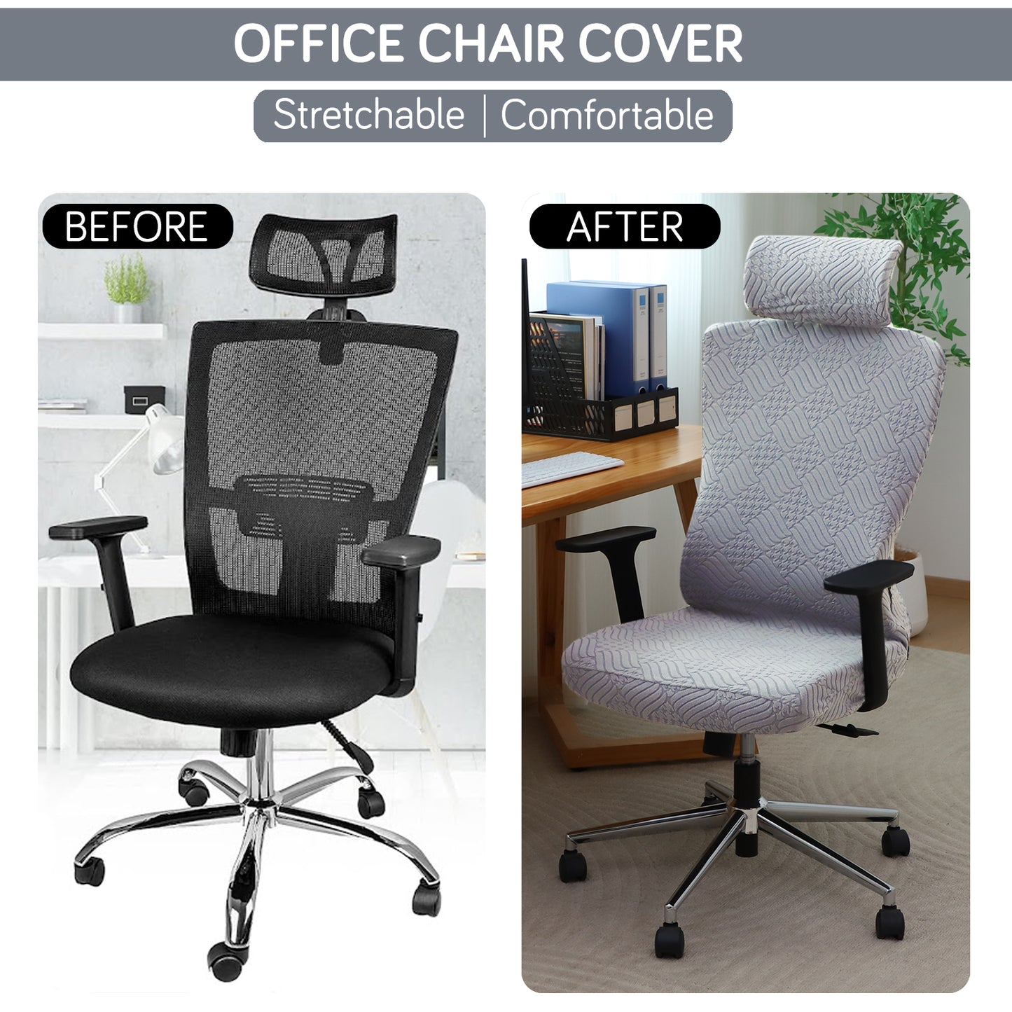 Office Chair Cover with Headrest (High-Back) – 170 GSM Stretch Jacquard – Washable, Anti-Slip Fit for Ergonomic Mesh Office Chairs, Light Grey
