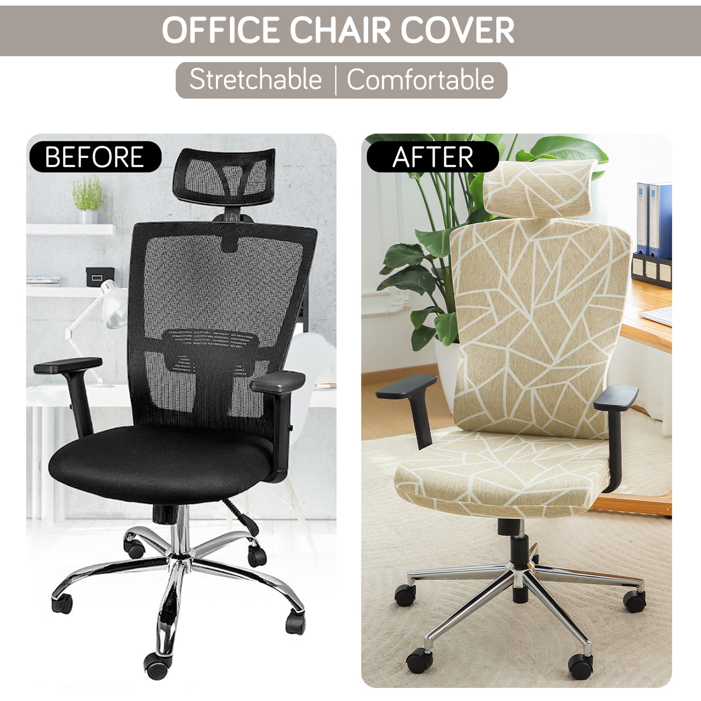 Printed Office Chair Cover with Headrest (High-Back) – 140 GSM Stretch Fabric – Washable, Anti-Slip Fit for Ergonomic Mesh Office Chairs, Beige Abstract Geometry