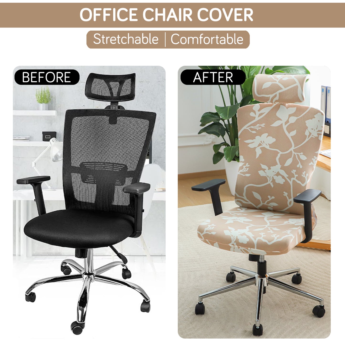 Printed Office Chair Cover with Headrest (High-Back) – 140 GSM Stretch Fabric – Washable, Anti-Slip Fit for Ergonomic Mesh Office Chairs,Buff Brown Sillehoute Floral