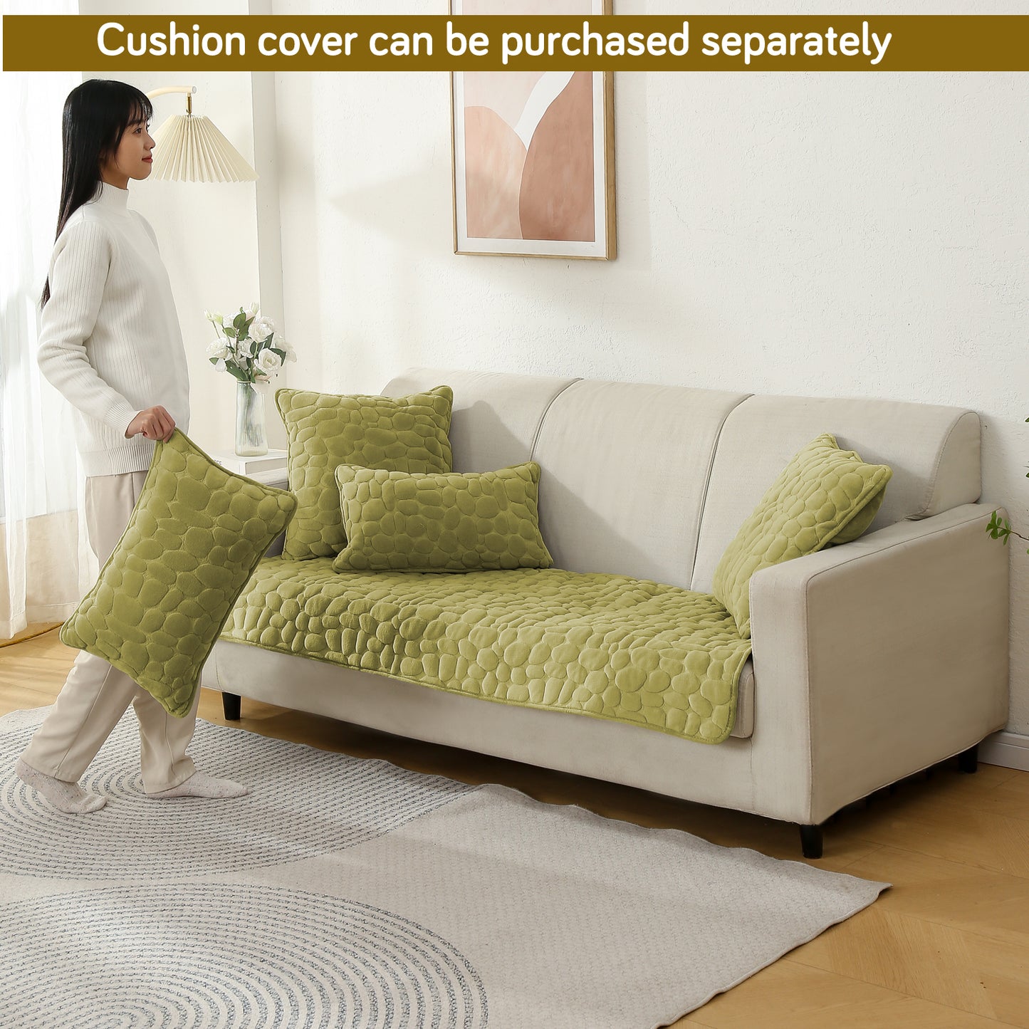 Premium Pebble Milk Velvet Anti Slip Sofa Mat for 1/2/3 Seater, Pristine Green