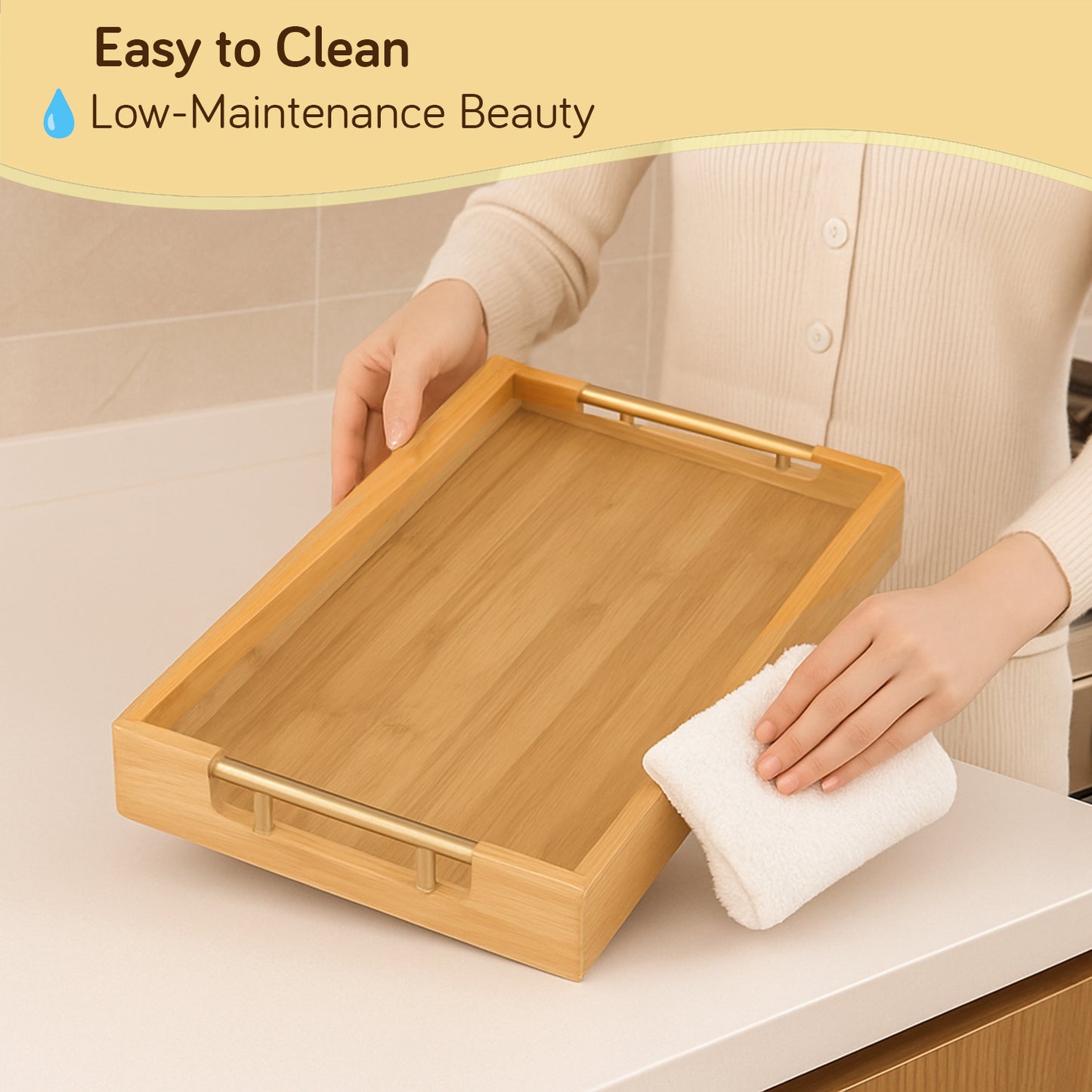 Bamboo Set of 2/3 Serving Tray Set with Gold Handles – Elegant Wooden Trays for Kitchen