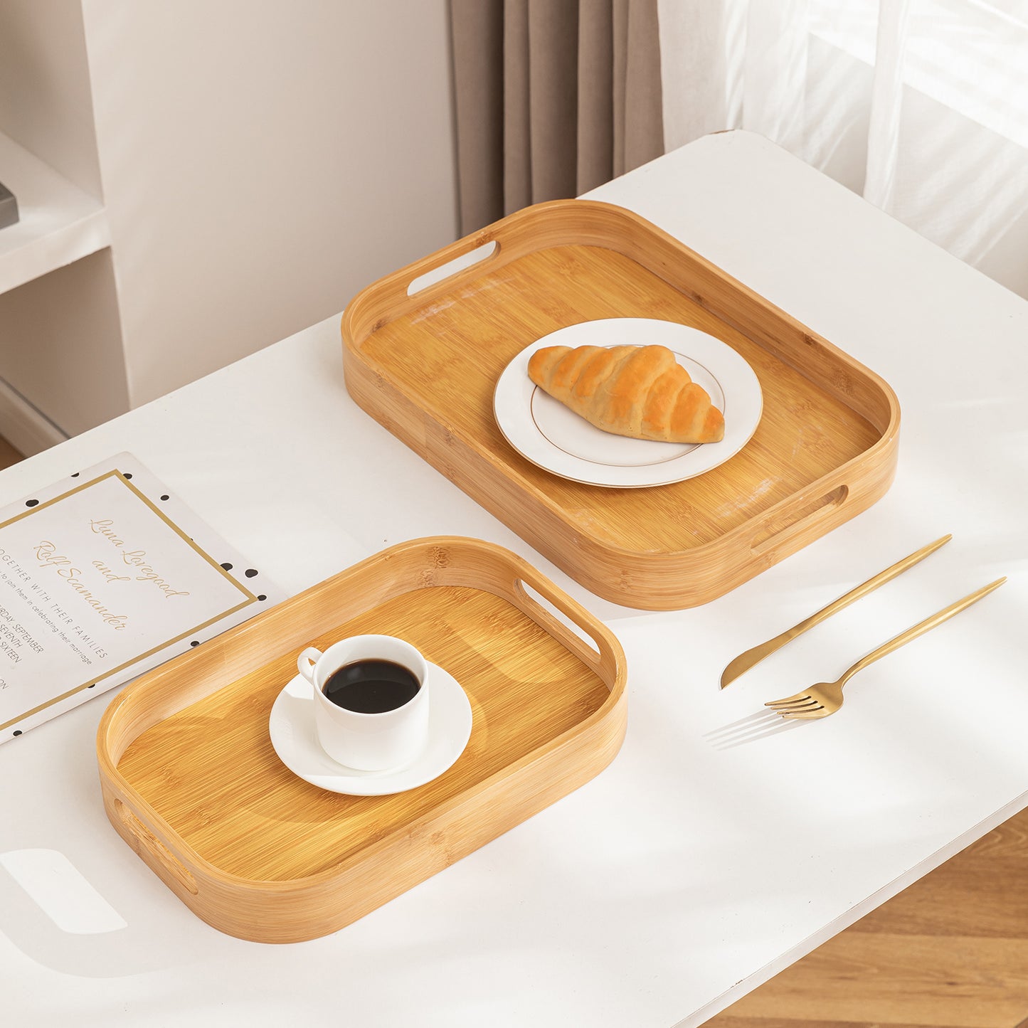 Natural Bamboo Serving Tray Set of 2/3 – Multipurpose Kitchen Tray with Handles