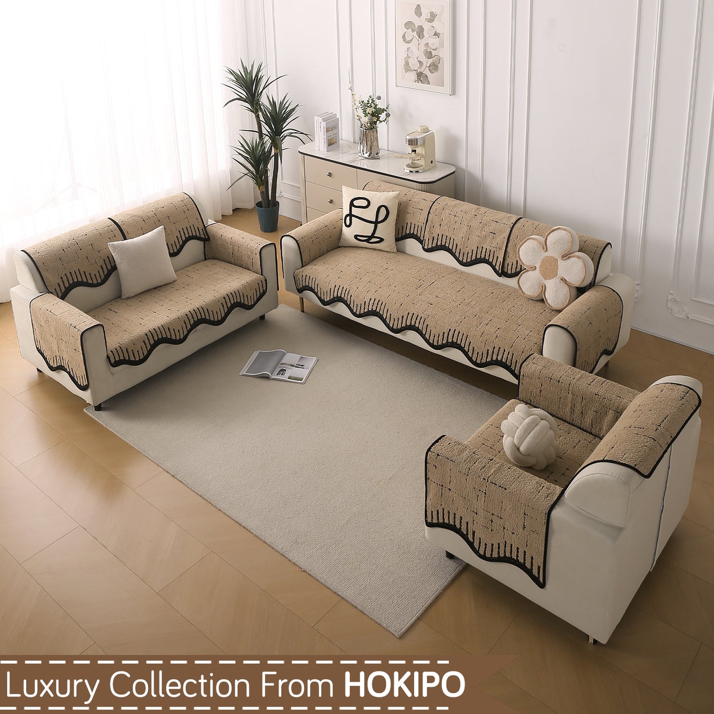 Premium Supple Soft Wavy with Curve Sofa Cover Mat, Brown