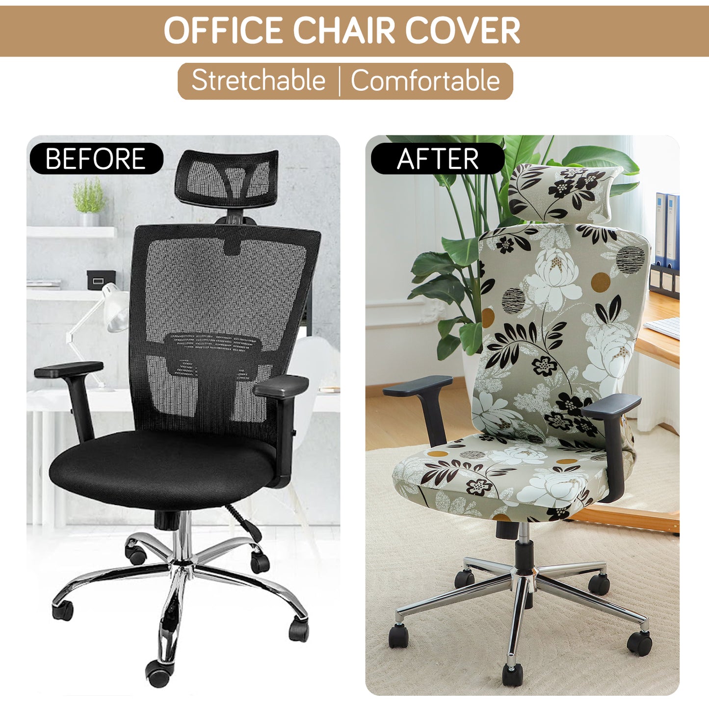 Printed Office Chair Cover with Headrest (High-Back) – 140 GSM Stretch Fabric – Washable, Anti-Slip Fit for Ergonomic Mesh Office Chairs, Feather Brown Floral
