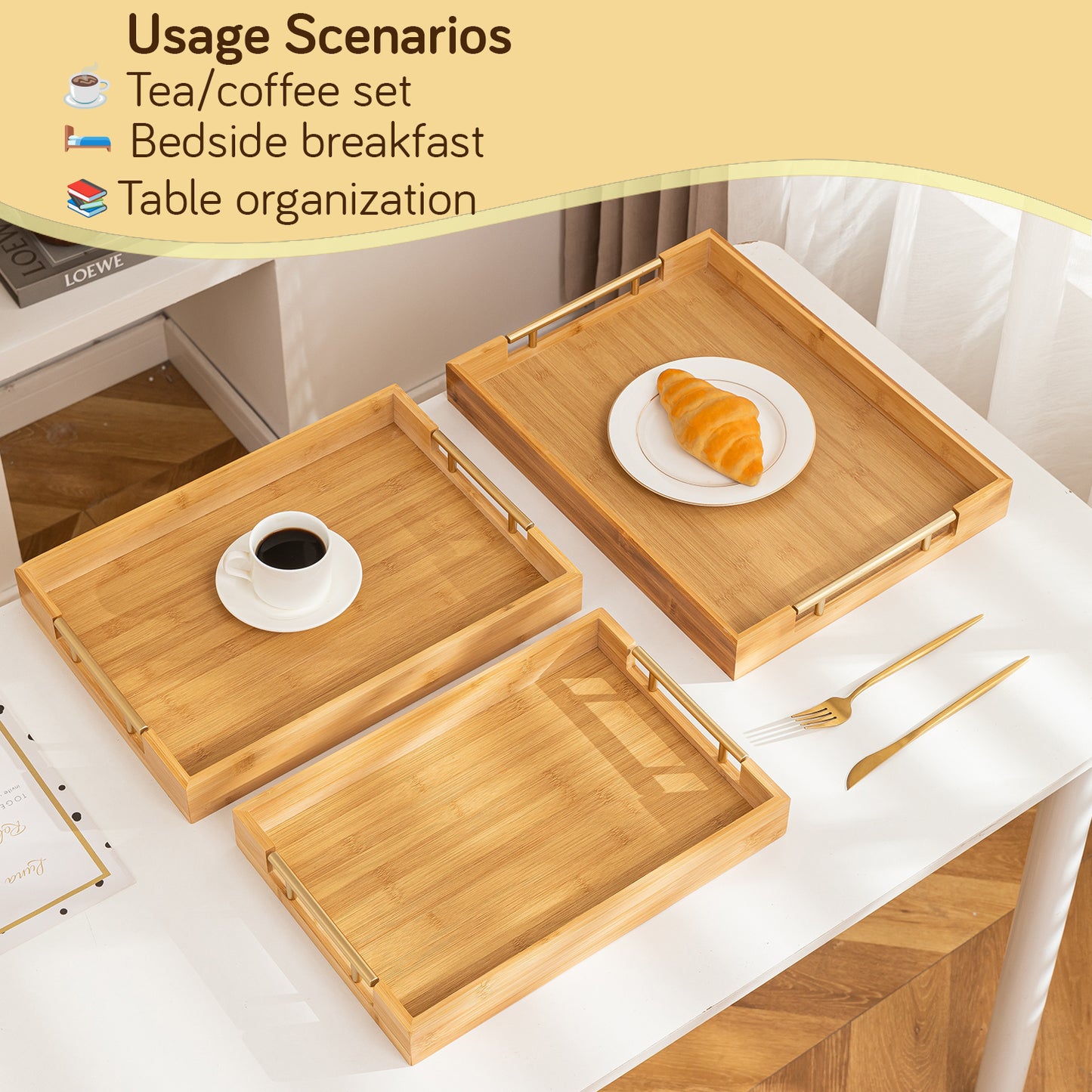 Bamboo Set of 2/3 Serving Tray Set with Gold Handles – Elegant Wooden Trays for Kitchen
