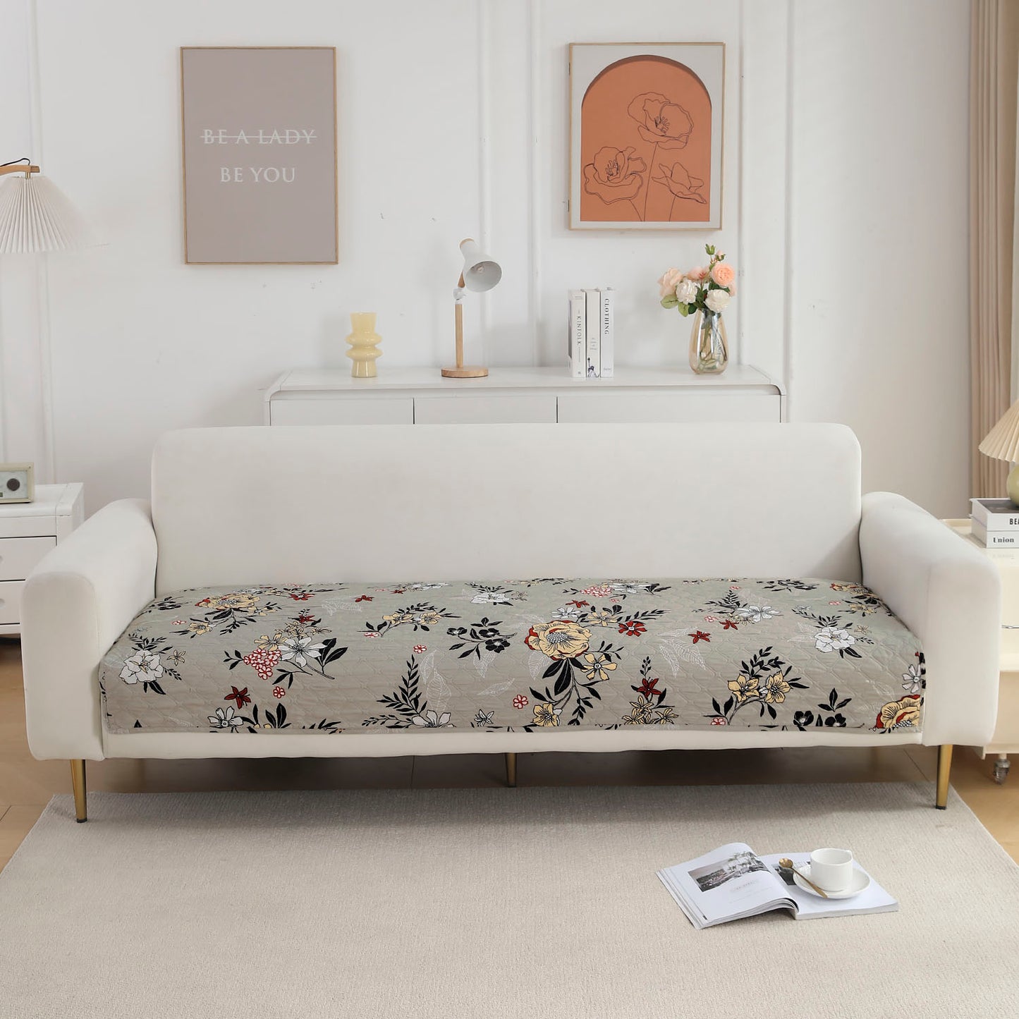 Polyester Printed Quilted Sofa Cover Mats, Floral Ash Grey
