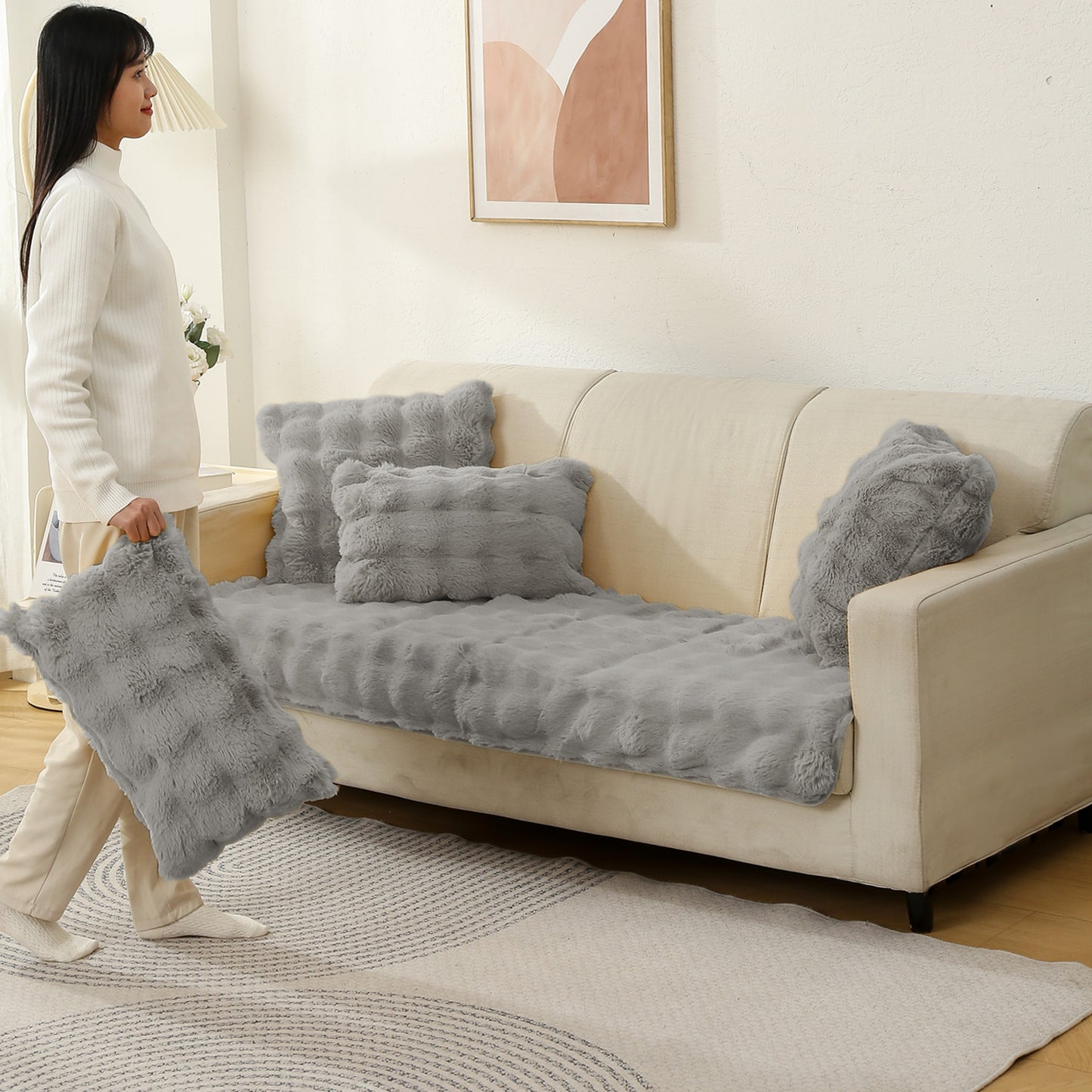 Premium Faux Rabbit Fur Anti Slip Sofa Mat for 1/2/3 Seater, Cool Grey