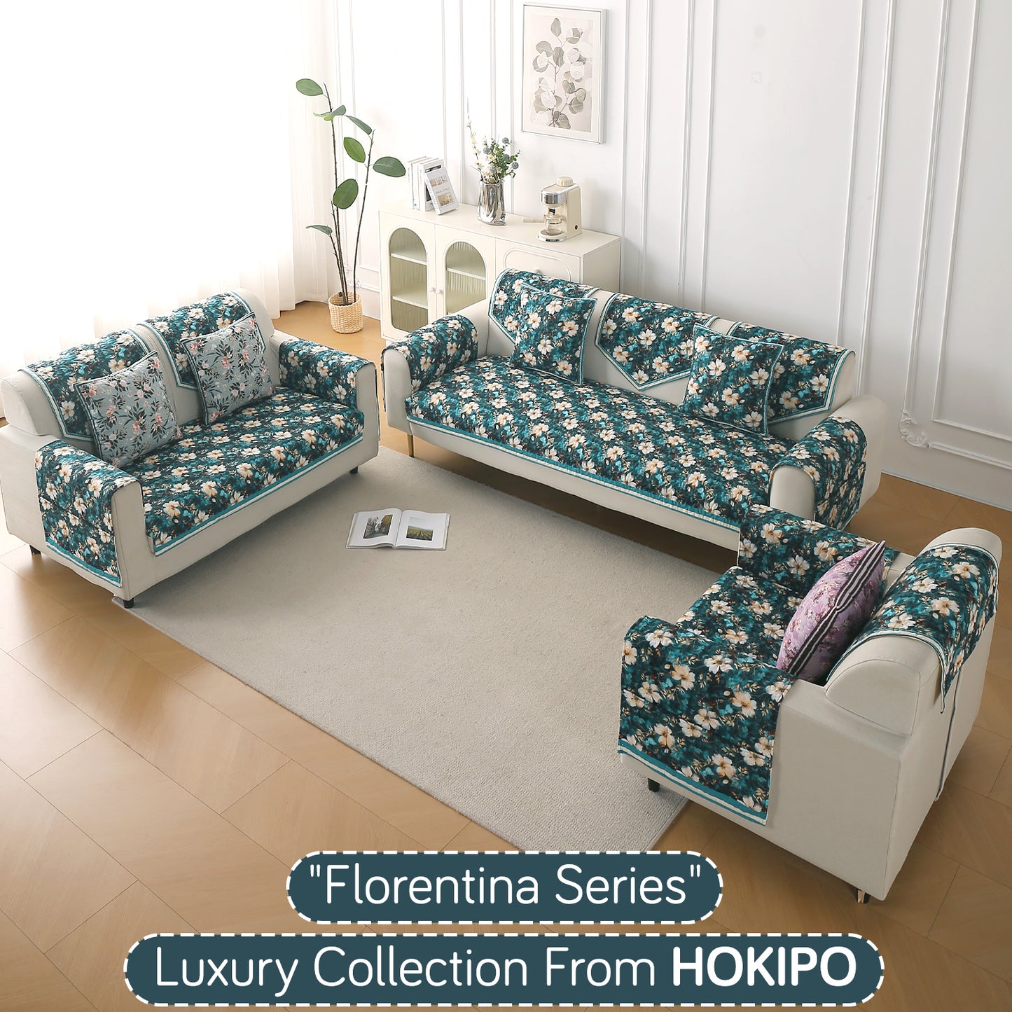 Florentina Series Printed Holland Velvet Sofa Mat - Pansies Teal