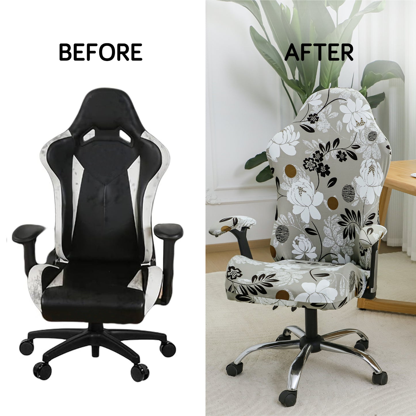 Printed Gaming Chair Seat Cover Elastic Computer Rotating Chair, Feather Brown Floral