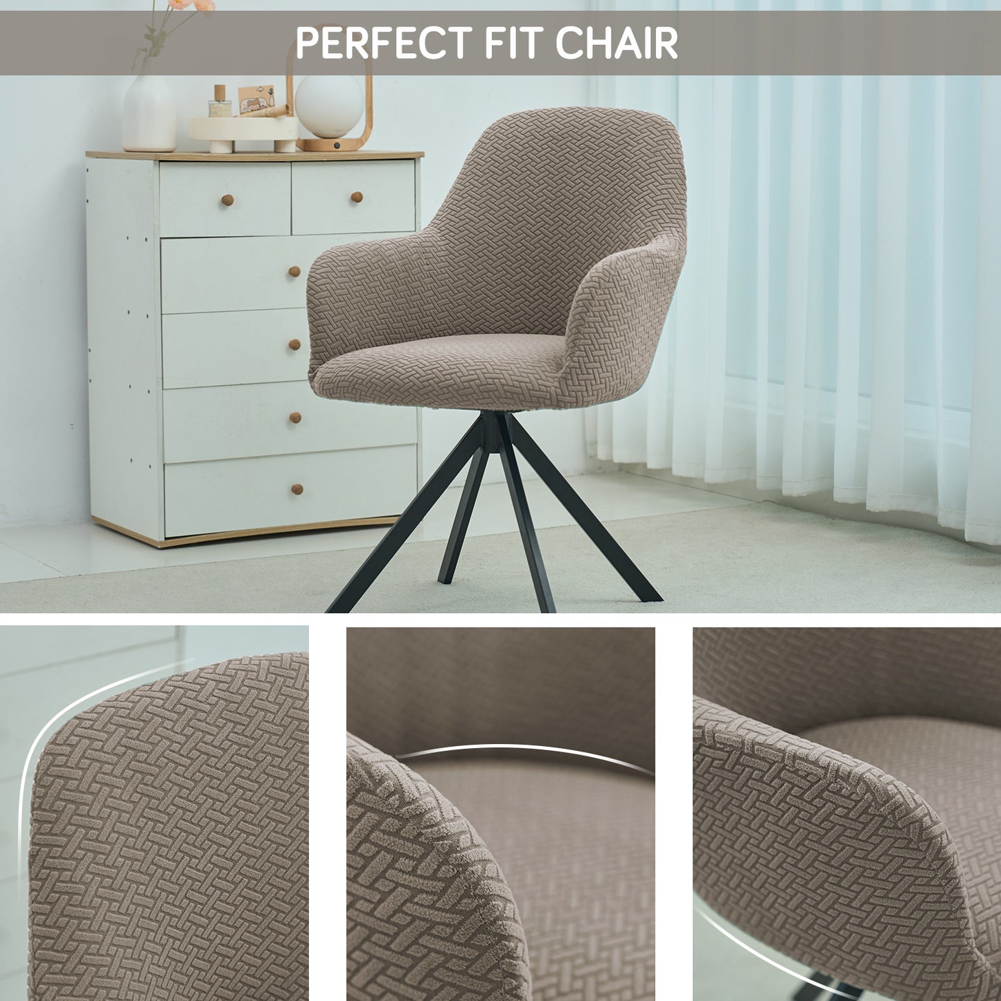 Premium Jacquard Fully Covered Cover for Swivel Dining Chair with Arms, Taupe Brown