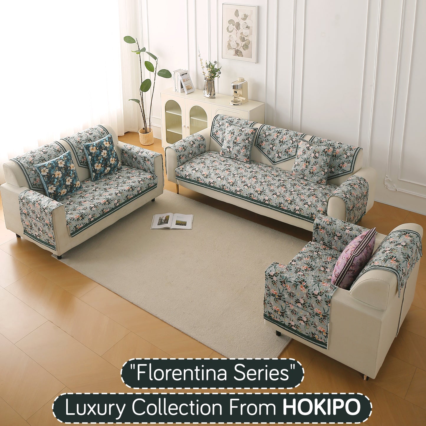 Florentina Series Printed Holland Velvet Sofa Mat - Magnolia Green
