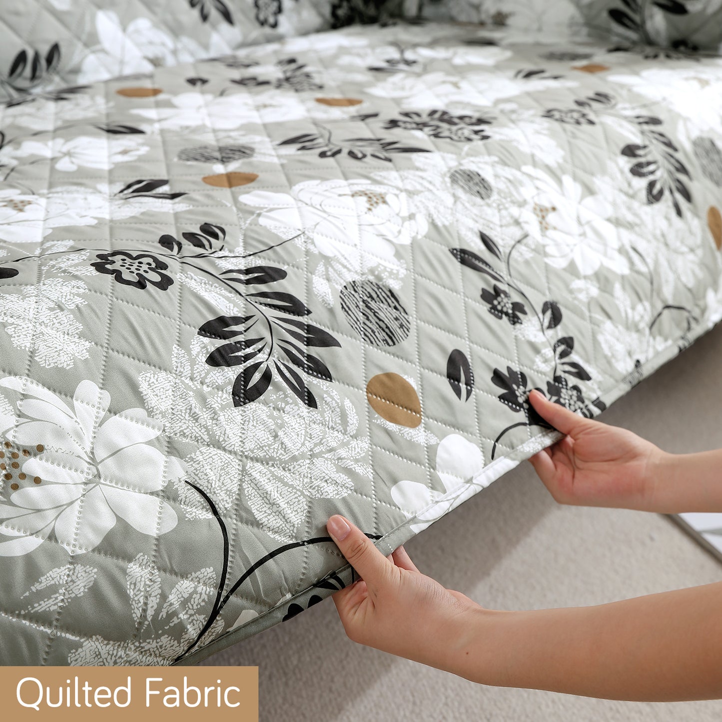 Waterproof & Quick-Dry Quilted Seater Sofa Cover with Pockets on Armrest, Feather Brown Floral