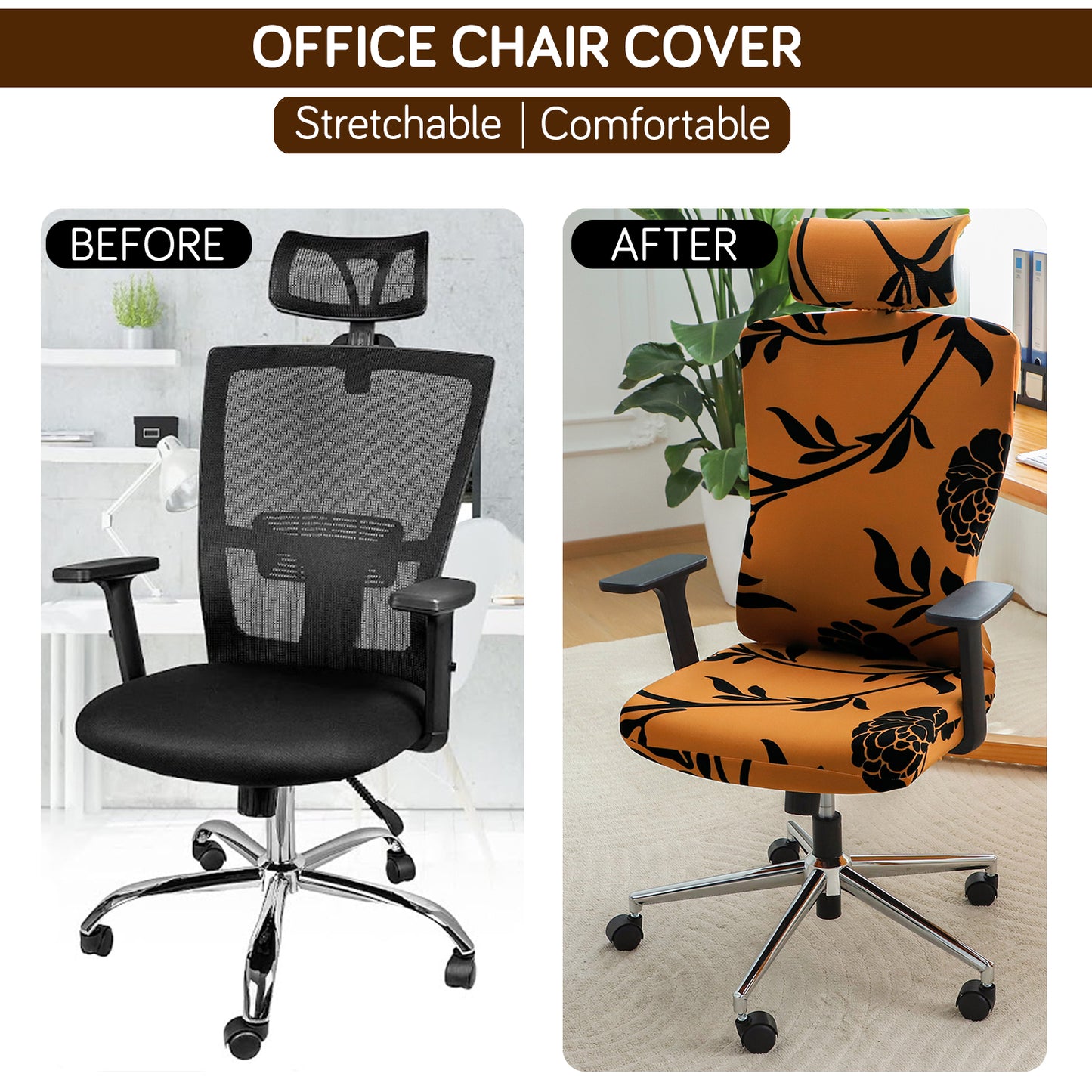 Printed Office Chair Cover with Headrest (High-Back) – 140 GSM Stretch Fabric – Washable, Anti-Slip Fit for Ergonomic Mesh Office Chairs, Copper Brown Floral