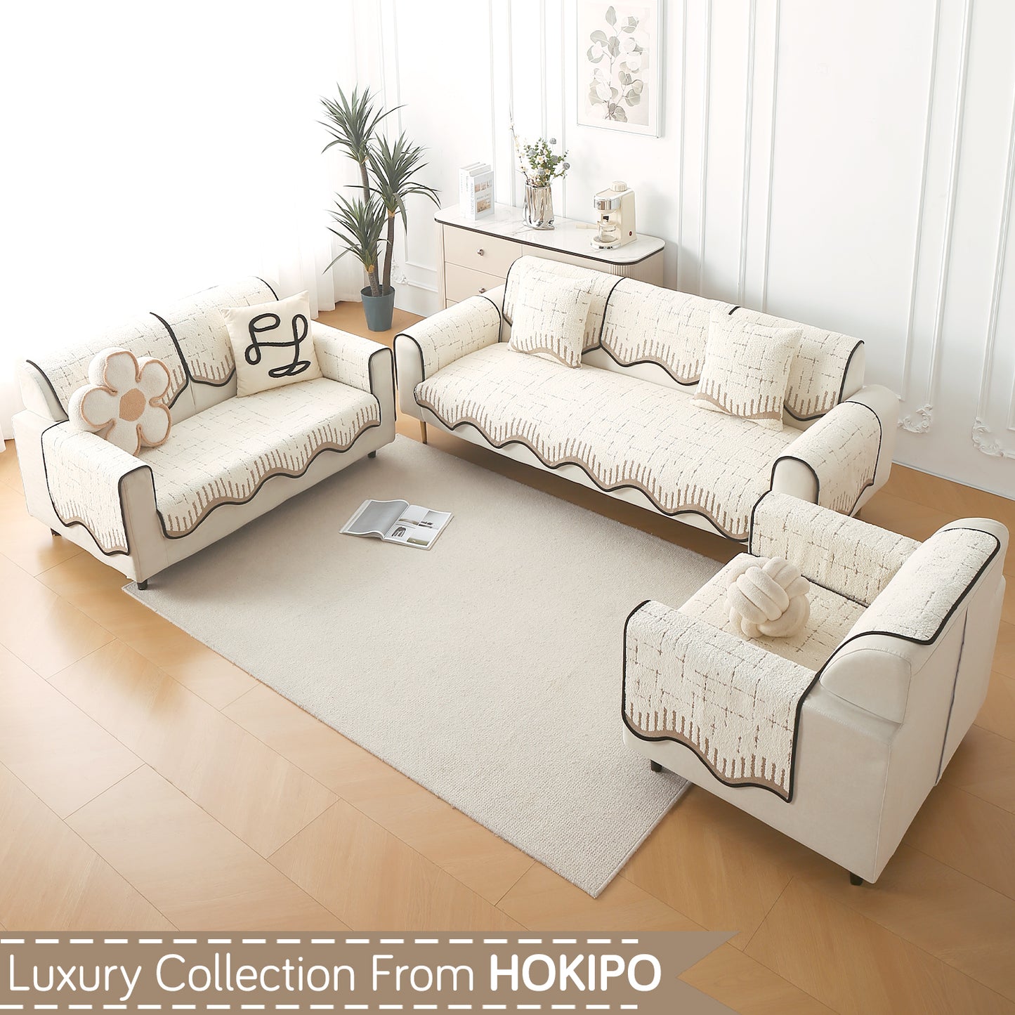 Premium Supple Soft Wavy with Curve Sofa Cover Mat, Cream Brown