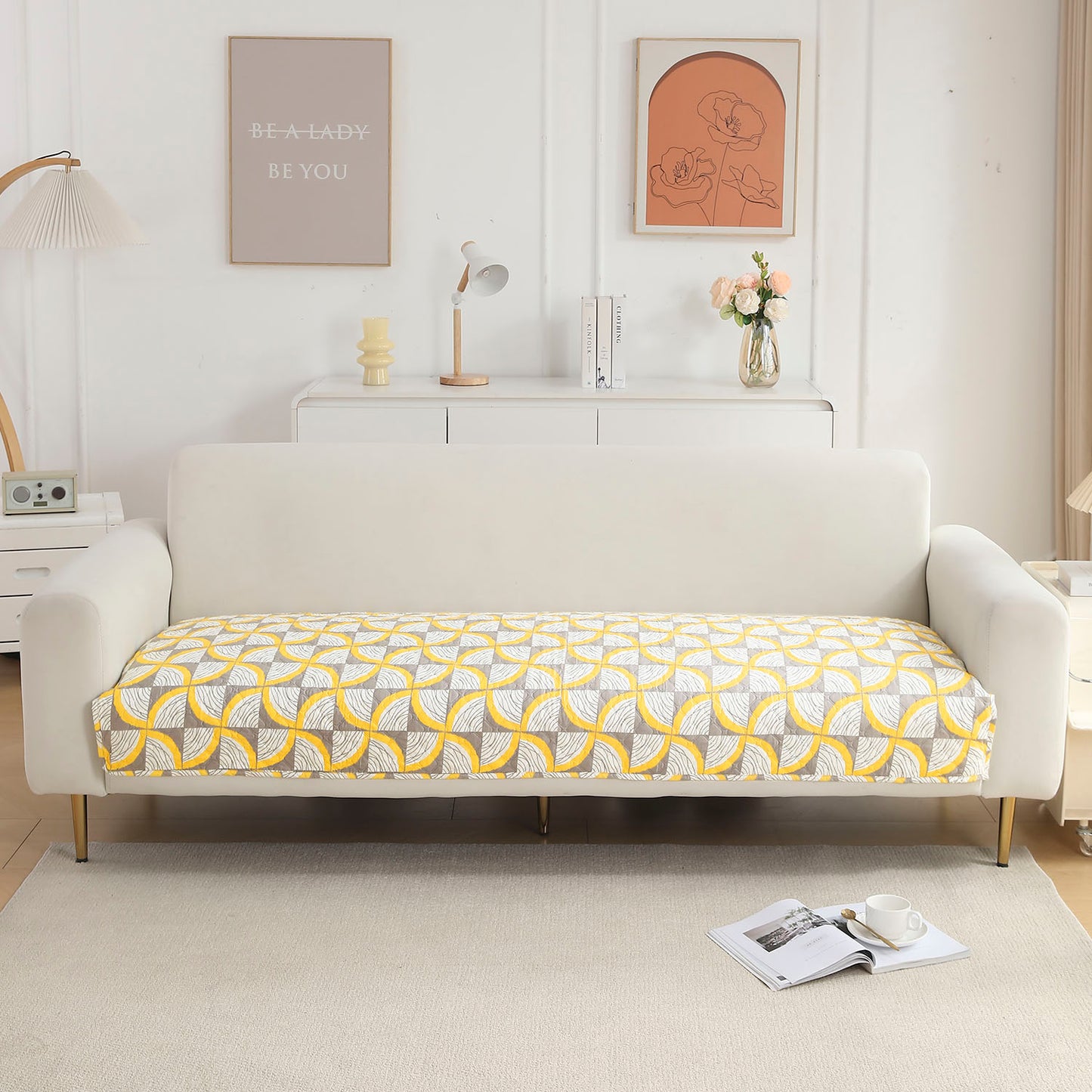 Quilted Sofa Seat Mat Covers for 1/2/3 Seater Sofa, Windmill Cyber Yellow